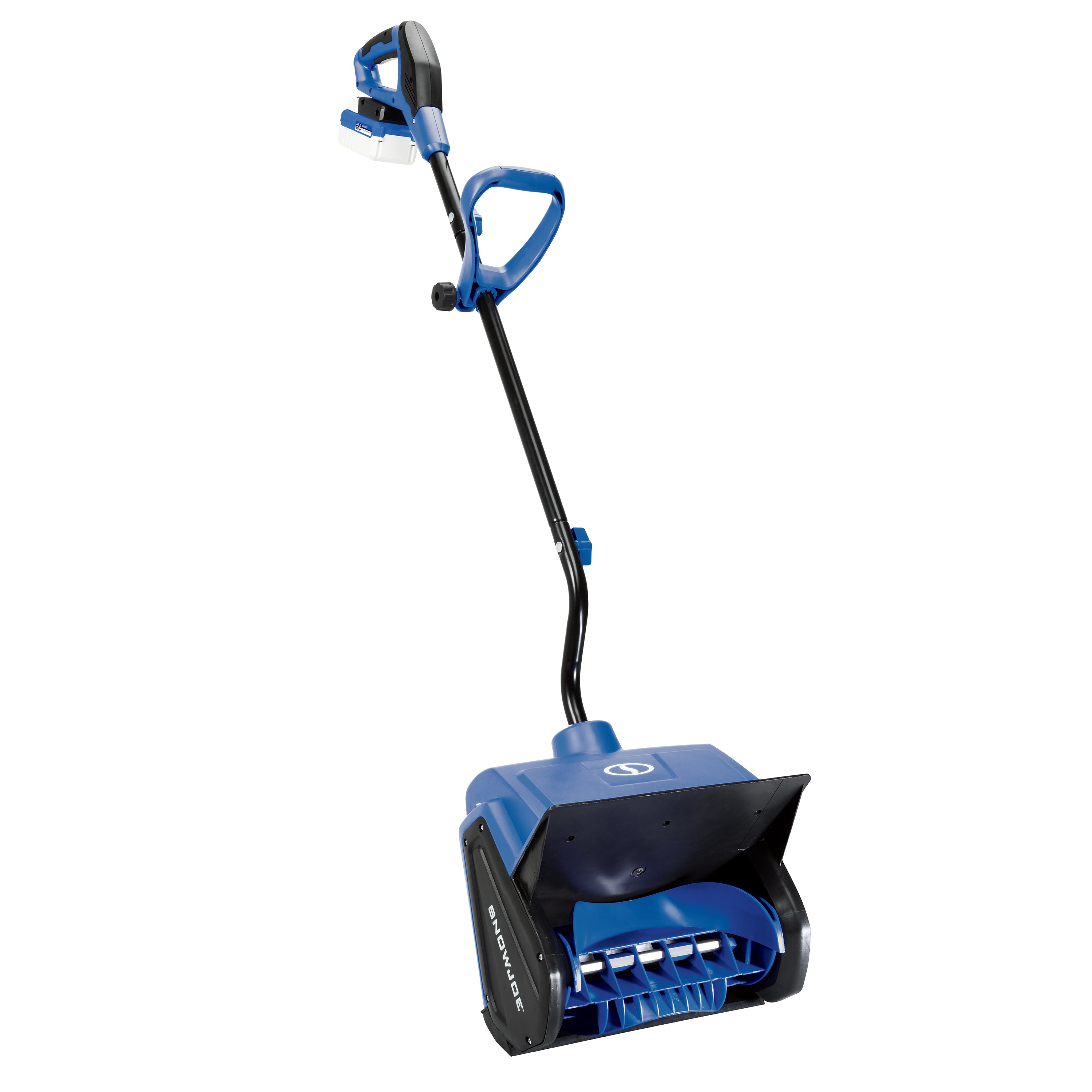 Angled view of the Snow Joe 24-volt cordless 13-inch snow shovel kit with a 4.0-Ah lithium-ion battery attached.