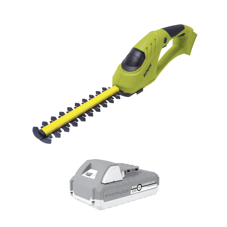 Sun Joe 24-volt Cordless handheld shrubber and trimmer with a 2.0-Ah lithium-ion battery.