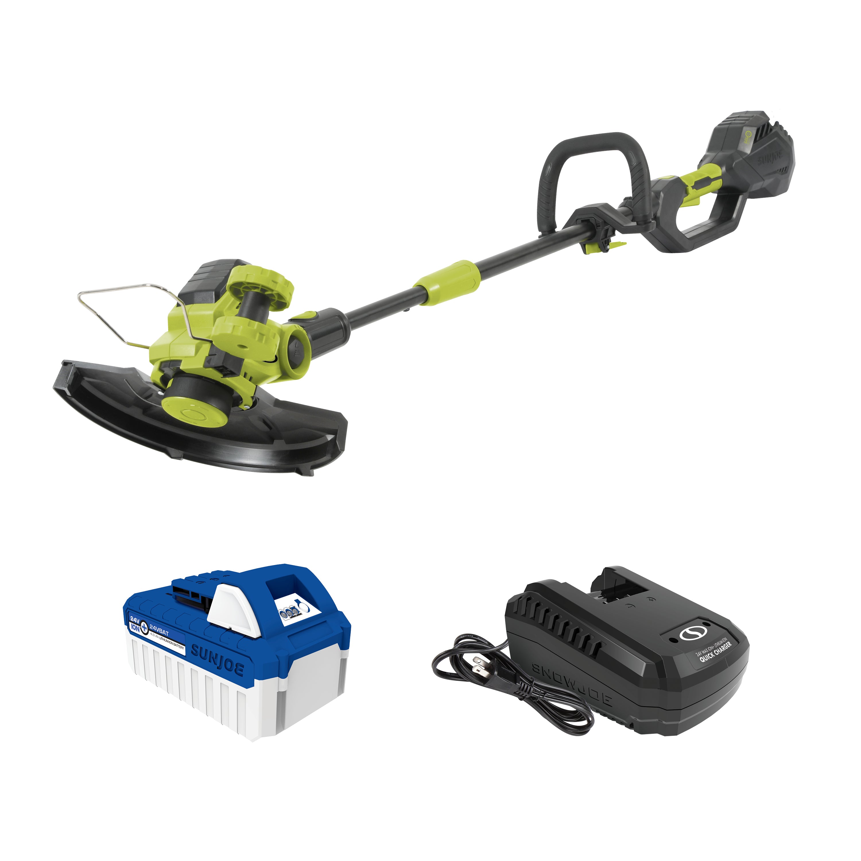 Sun Joe 24-volt cordless 12-inch String Grass Trimmer with a 4.0-Ah lithium-ion battery and quick charger.