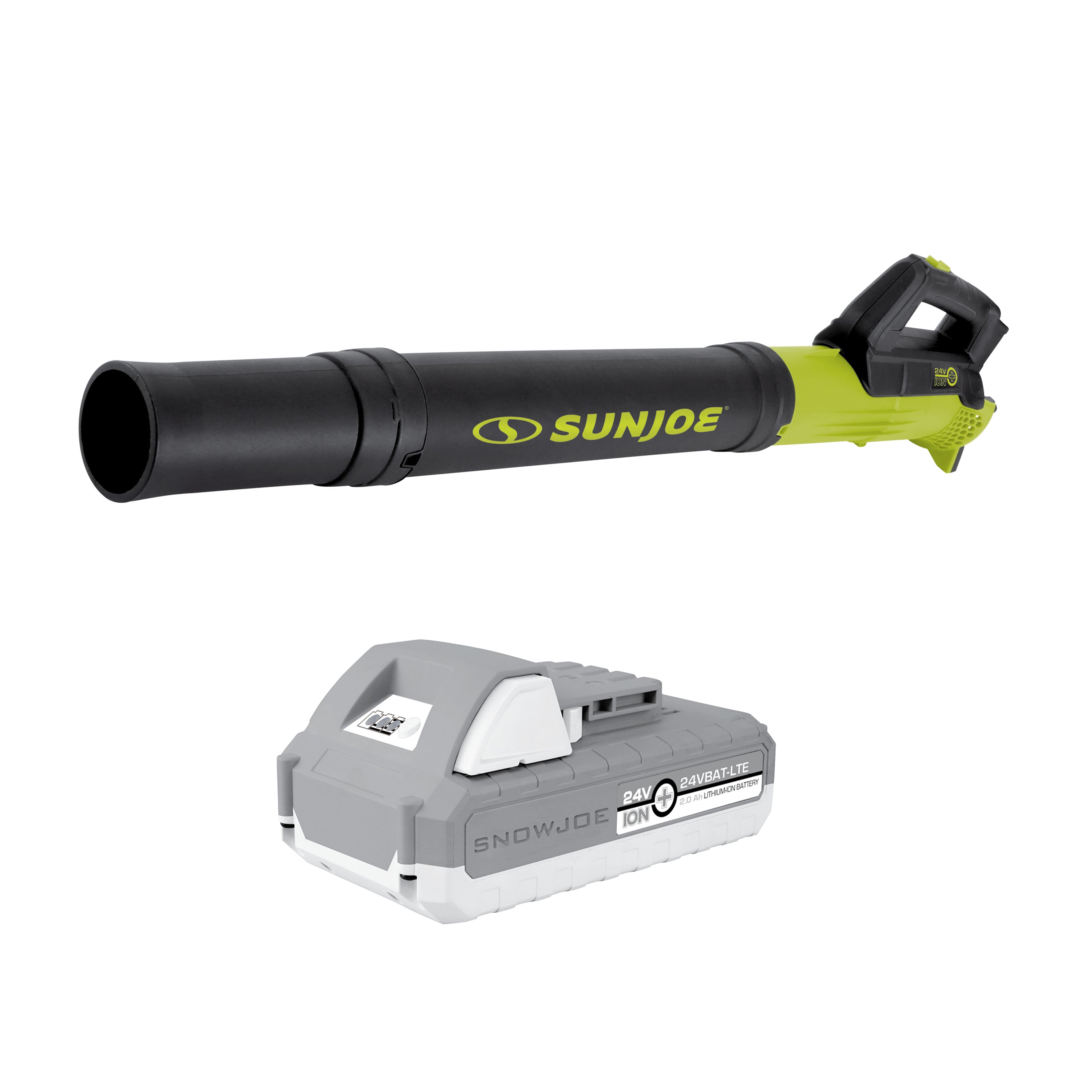 Sun Joe 24-volt cordless turbine leaf blower with a 2.0-Ah lithium-ion battery.