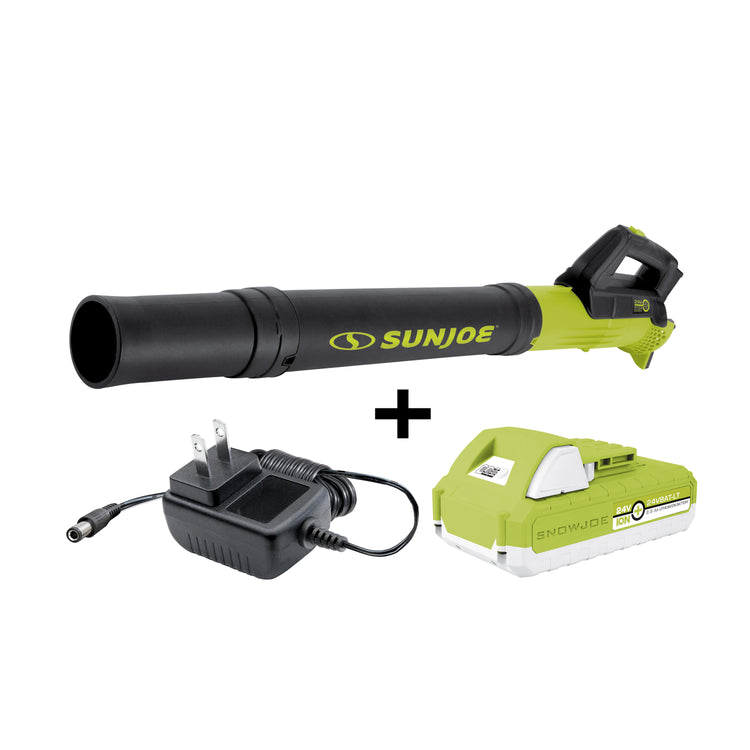 Sun Joe 24-volt cordless turbine leaf blower plus a 2.5-Ah lithium-ion battery and charger.