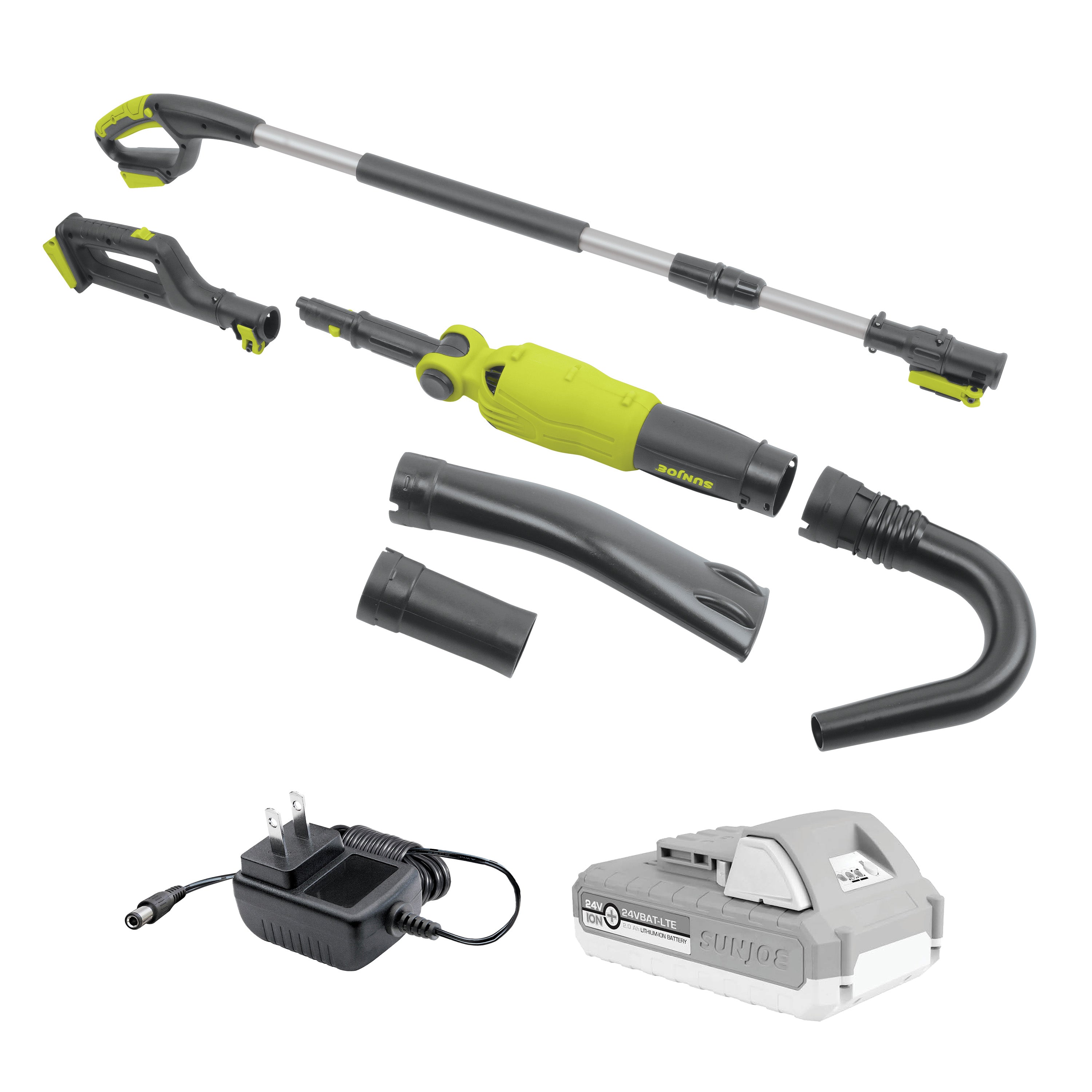 Attachements and accessories that come with the Sun Joe 24V-TBP-LTE pole leaf blower