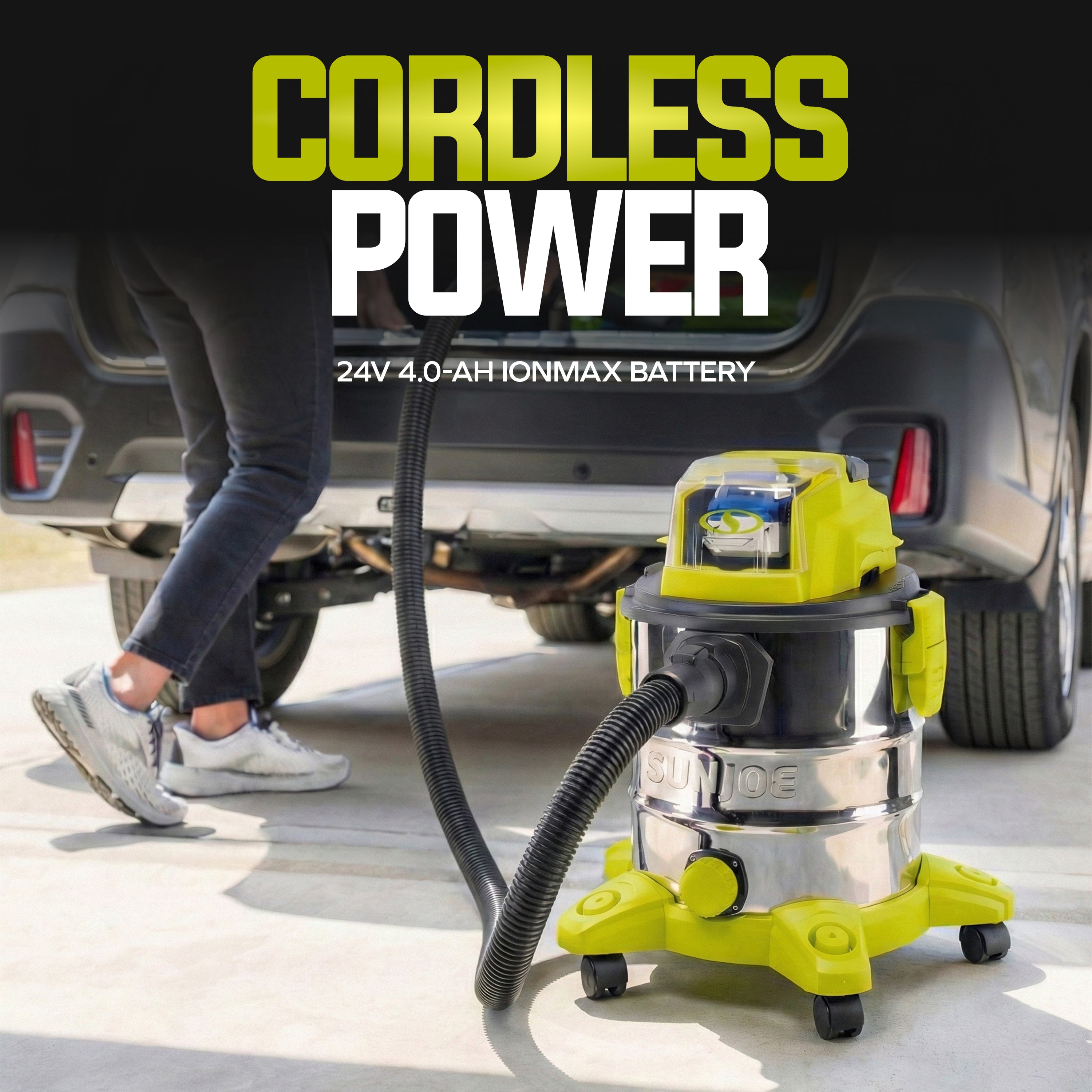 Sun Joe 24-Volt* IONMAX Cordless Portable Stainless Steel Wet/Dry Vacuum Kit | 5.3 Gal | W/ 4.0-Ah Battery + Charger