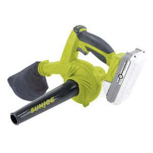 Sun Joe 24-volt cordless workshop blower with a 2.0-Ah lithium-ion battery and collection bag attached.