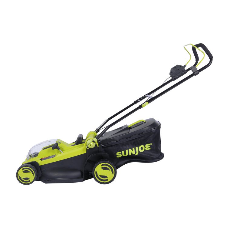 Side view of the Sun Joe 48-volt cordless 17-inch lawn mower kit.