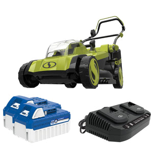 Sun Joe 48-volt cordless 17-inch lawn mower kit with two 4.0-Ah lithium-ion batteries and dual-port quick charger.