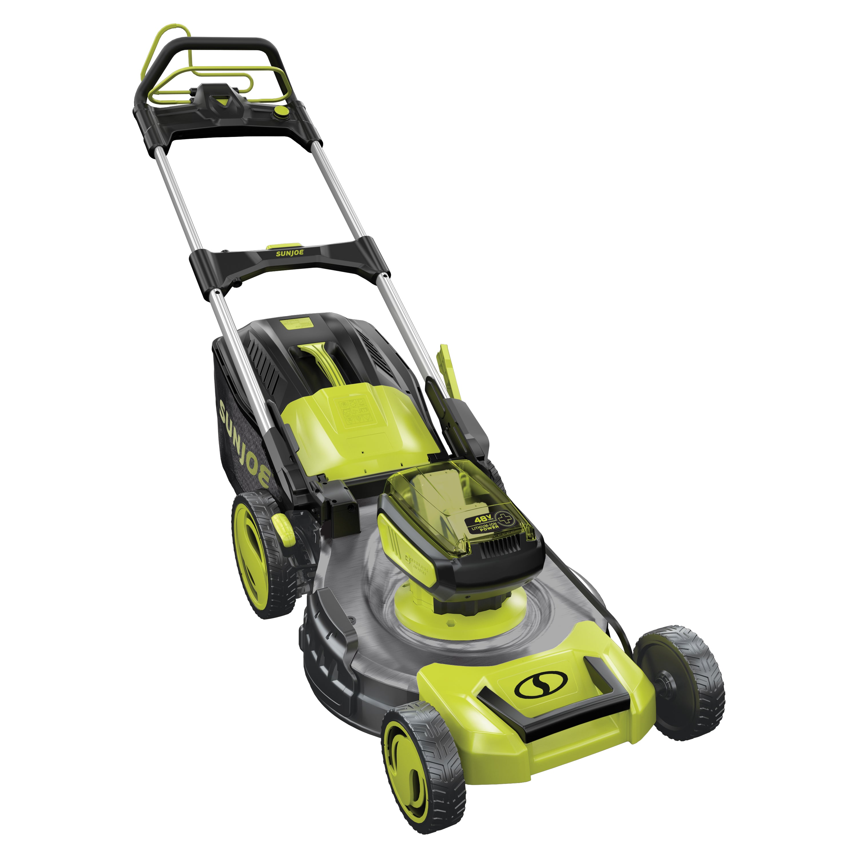 Angled view of the Sun Joe 48-volt cordless self-propelled 21-inch lawn mower.