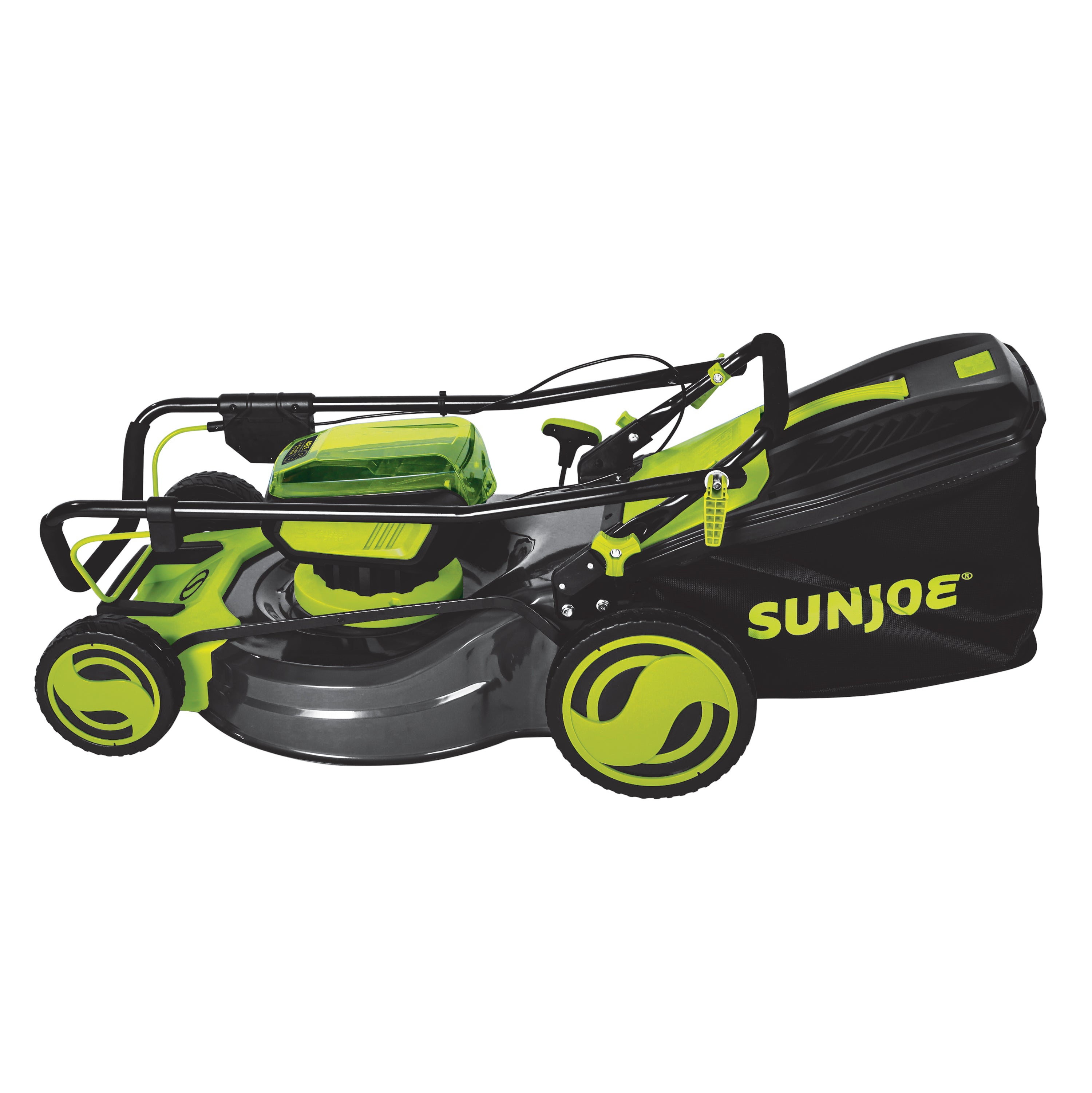 Left-side view of the Sun Joe 48-volt cordless 21-inch lawn mower kit.