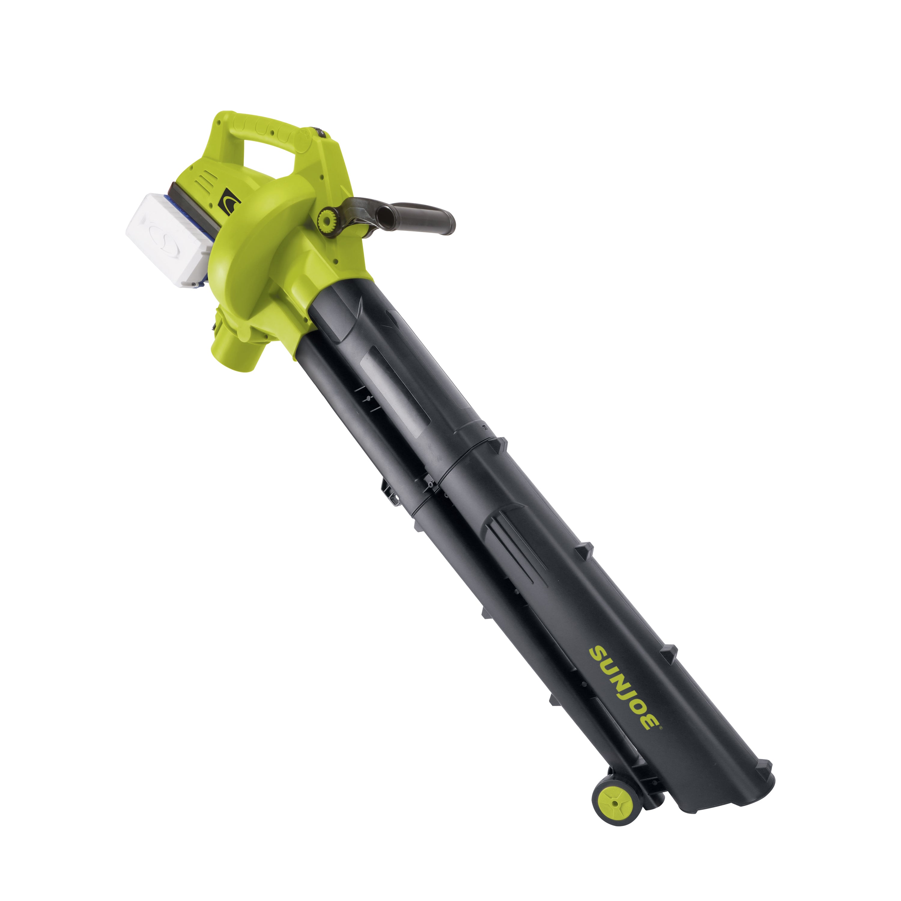 Side view of the Sun Joe 48-volt cordless leaf blower, vacuum, mulcher with wheels.