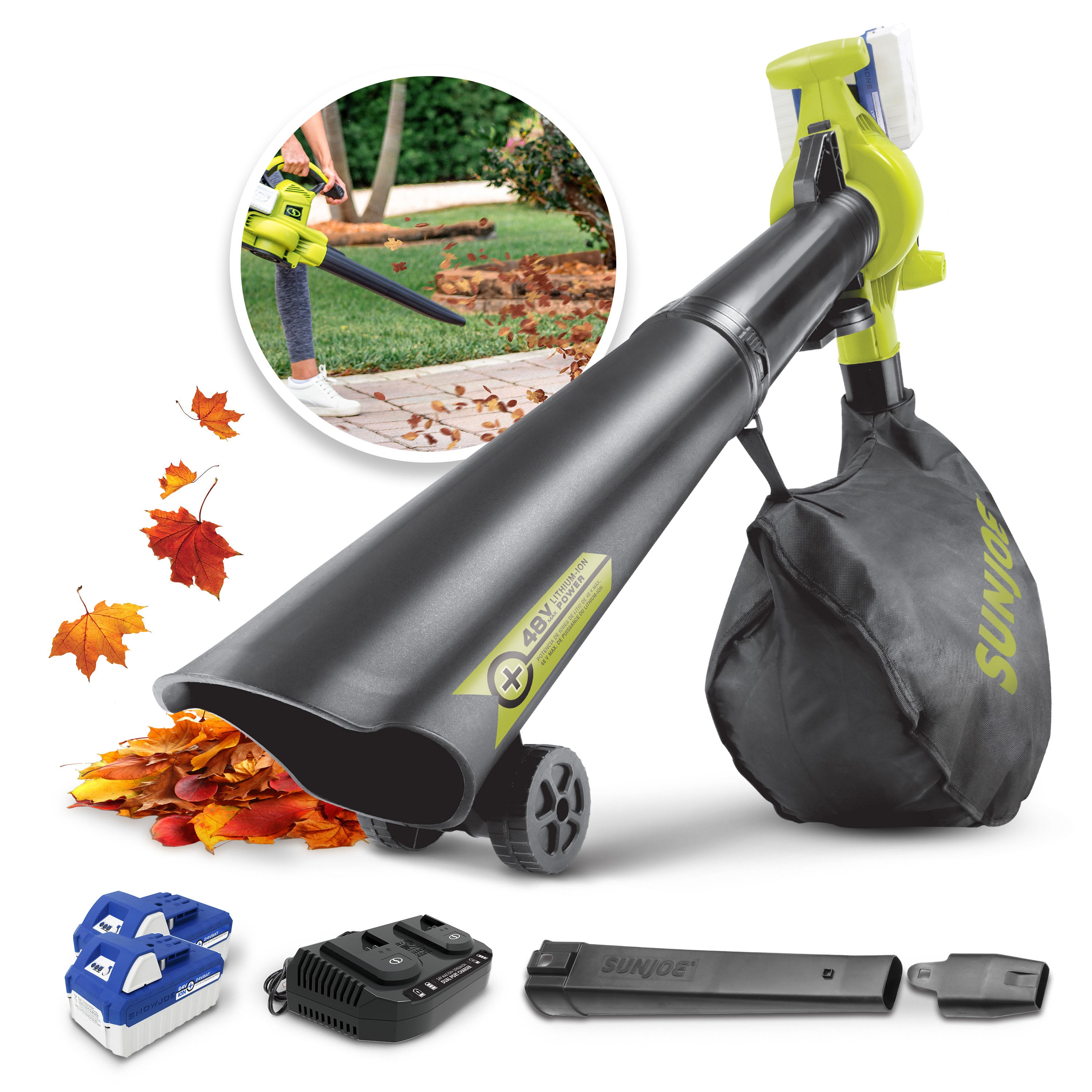 Sun Joe 24V-X2-BVM190 48-Volt* IONMAX Cordless Leaf Blower Vacuum Mulcher Kit | 190-MPH | 340-CFM | W/ 2 x 4.0-Ah Batteries + Charger