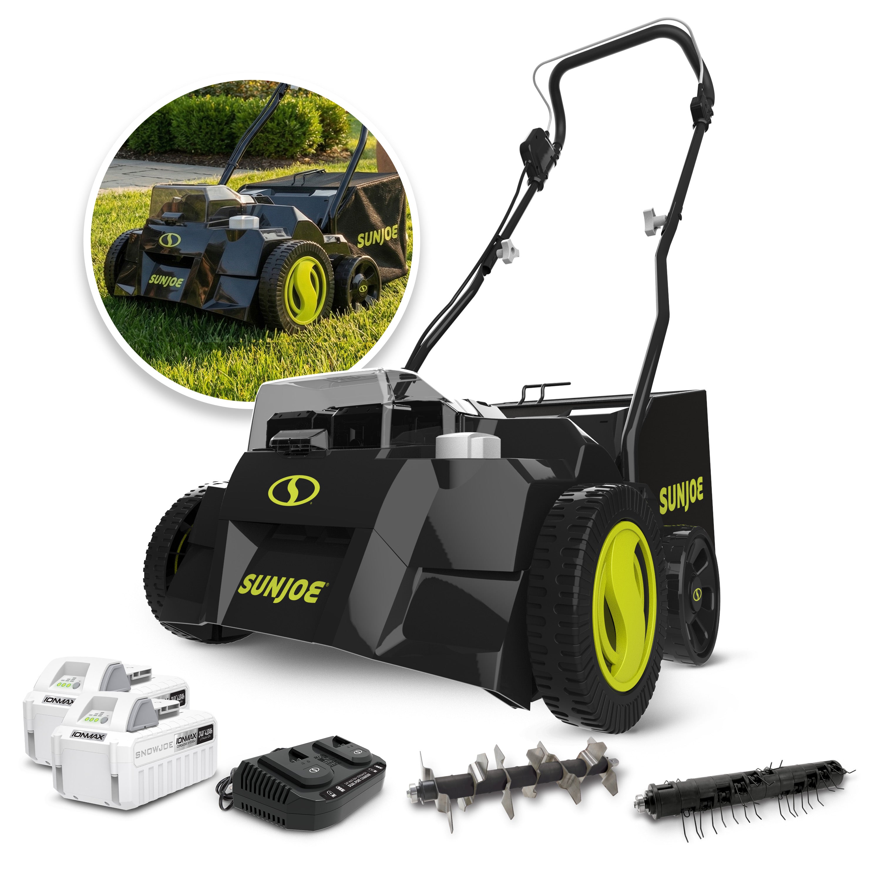 Sun Joe 48-Volt* IONMAX Cordless Scarifier + Dethatcher | 5-Depth Positions | 15-inch | Brushless Motor | W/ 2 x 4.0-Ah Batteries + Charger