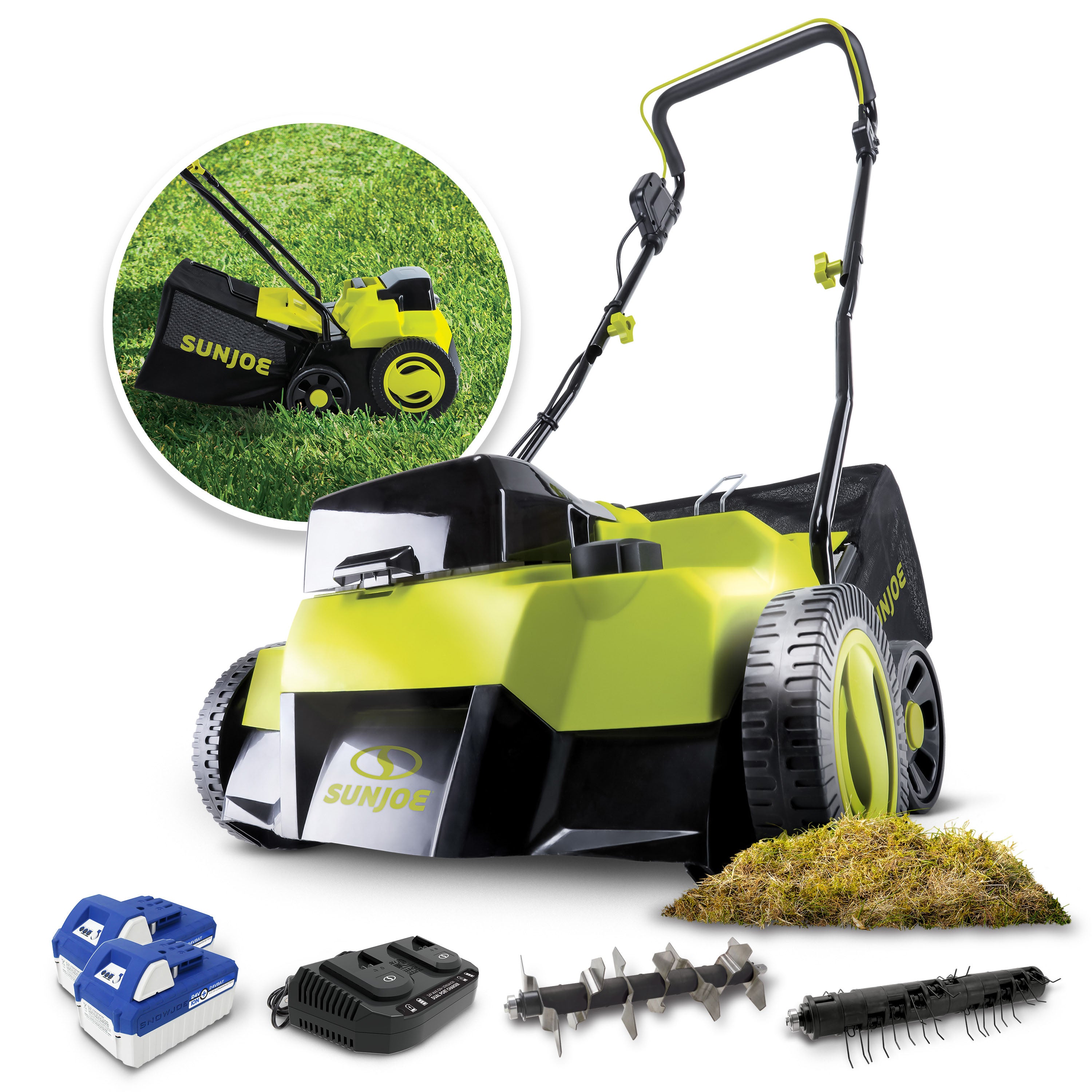 Sun Joe 24V-X2-DTS15 24-Volt* Cordless Scarifier + Dethatcher | 5-Depth Positions | 14-inch | Brushless Motor