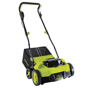 Left-angled view of the Sun Joe 48-volt cordless 14-inch scarifier and dethatcher.