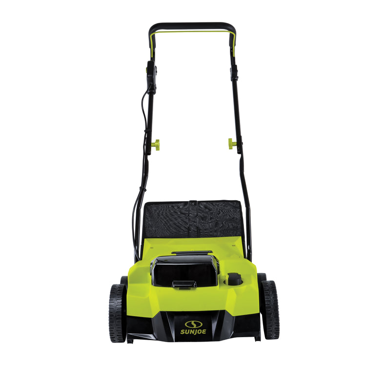 Front view of the Sun Joe 48-volt cordless 14-inch scarifier and dethatcher.