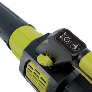 Close-up of the handle on the Sun Joe 48-volt cordless brushless turbine leaf blower.