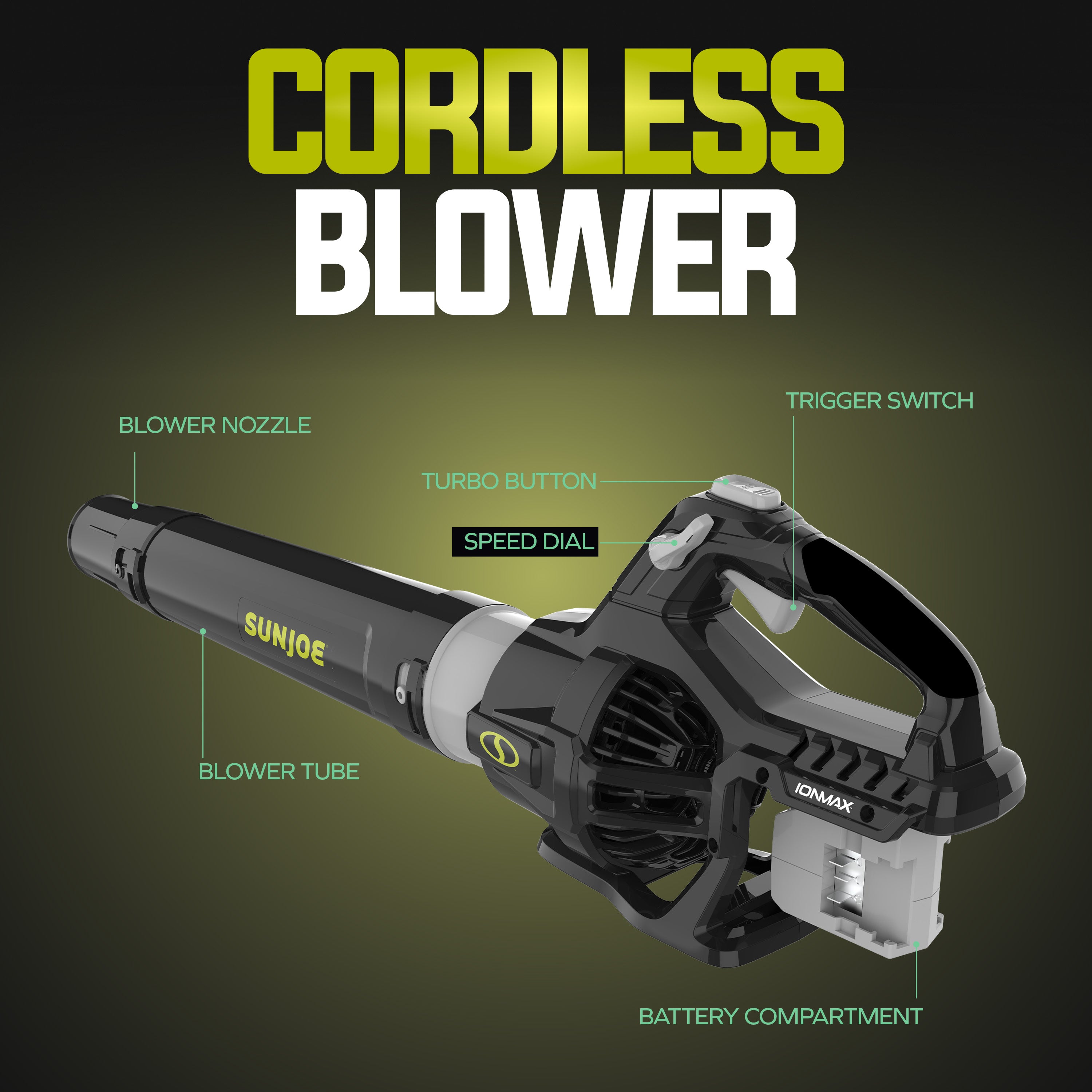 Sun Joe Cordless Brushless Turbine Jet Blower | W/ 2 x 2.0-Ah Batteries + Charger