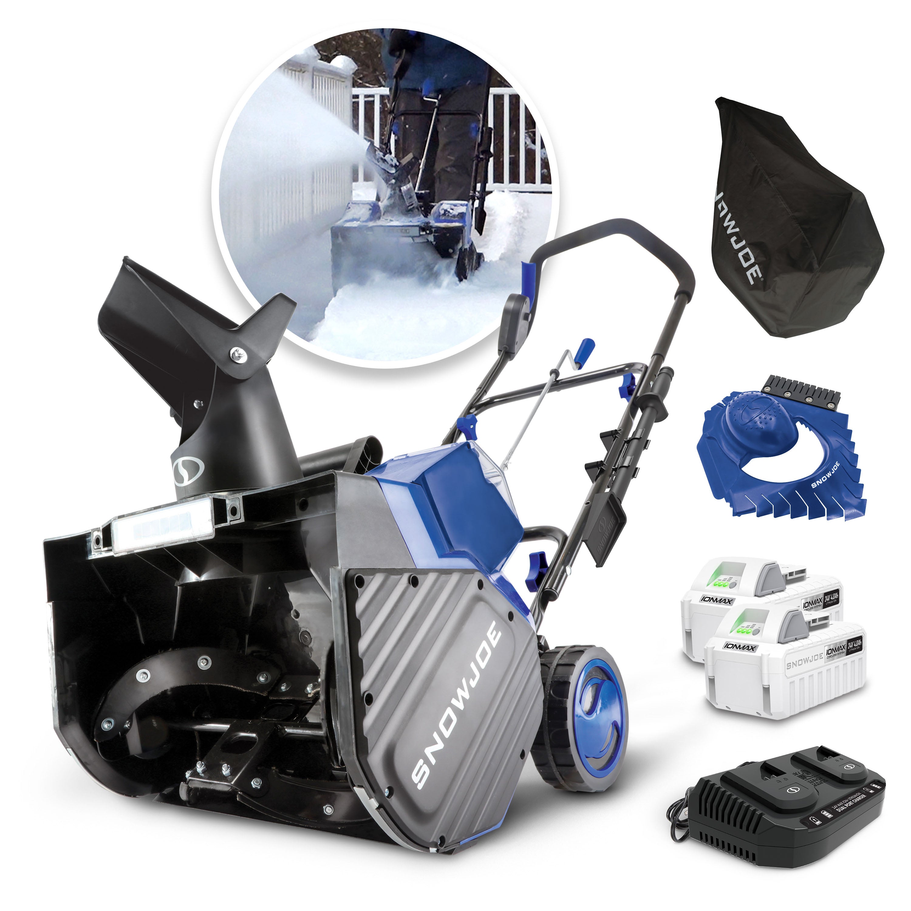 Snow Joe 24V-X2-SB18-TV1 48-Volt* IONMAX Snow Blower Bundle | W/ 2 x 4.0-Ah Batteries, Dual Port Charger, Cover, Ice Dozer, and Extended Warranty