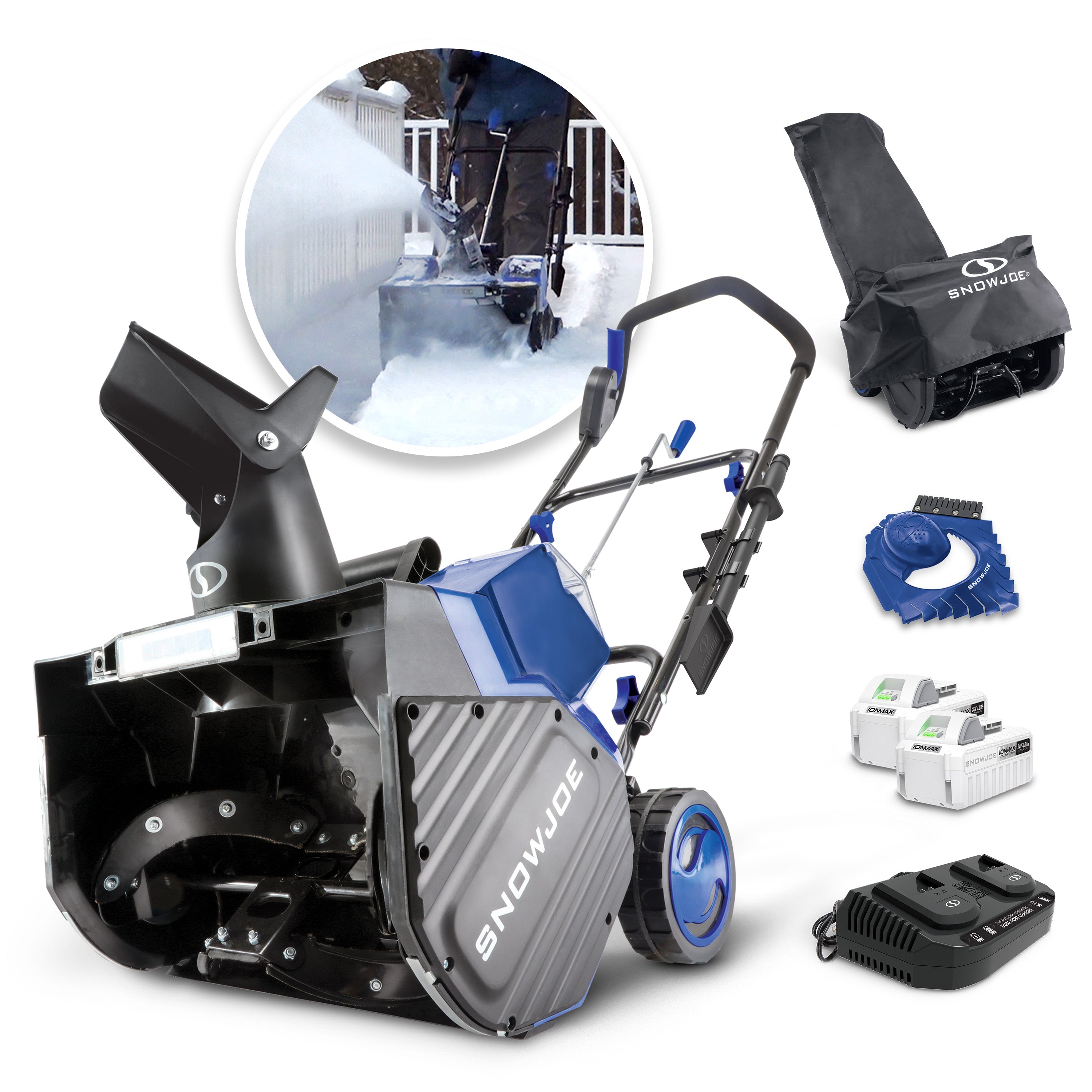 Snow Joe 24V-X2-SB18-TV1 48-Volt* IONMAX Snow Blower Bundle | W/ 2 x 4.0-Ah Batteries, Dual Port Charger, Cover, Ice Dozer, and Extended Warranty