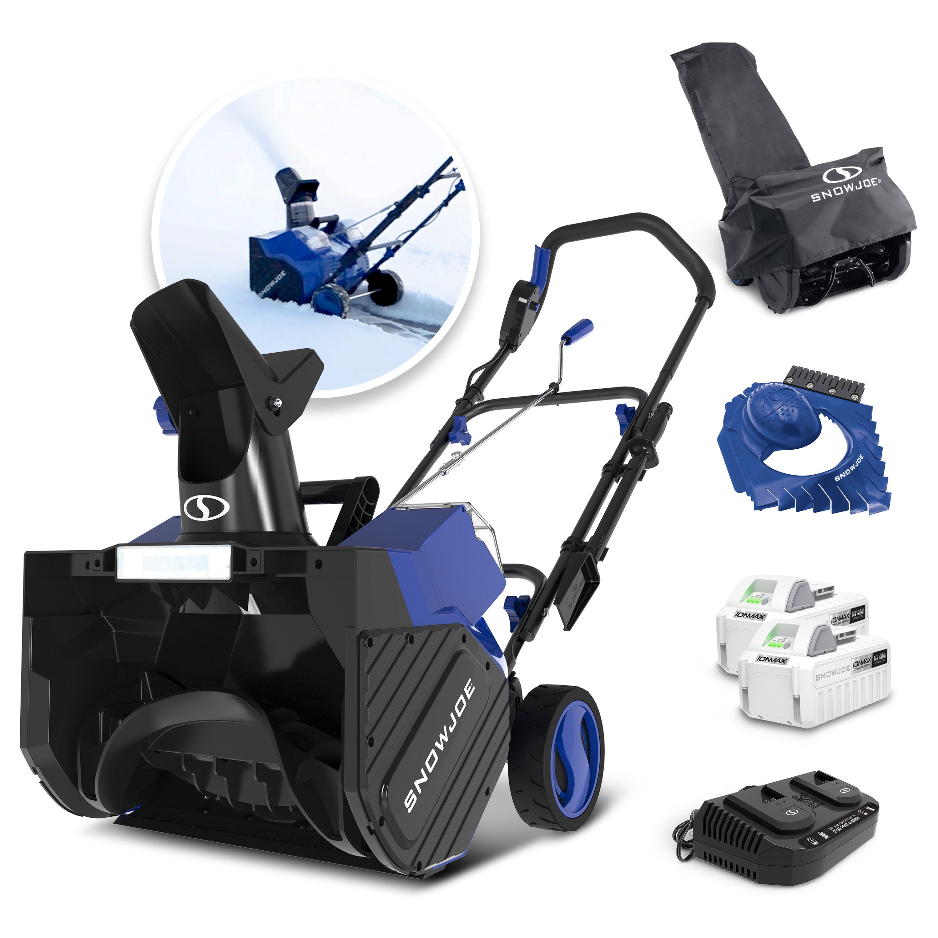 Snow Joe 24V-X2-SB18-TV1 48-Volt* IONMAX Snow Blower Bundle | W/ 2 x 4.0-Ah Batteries, Dual Port Charger, Cover, Ice Scraper, and Extended Warranty