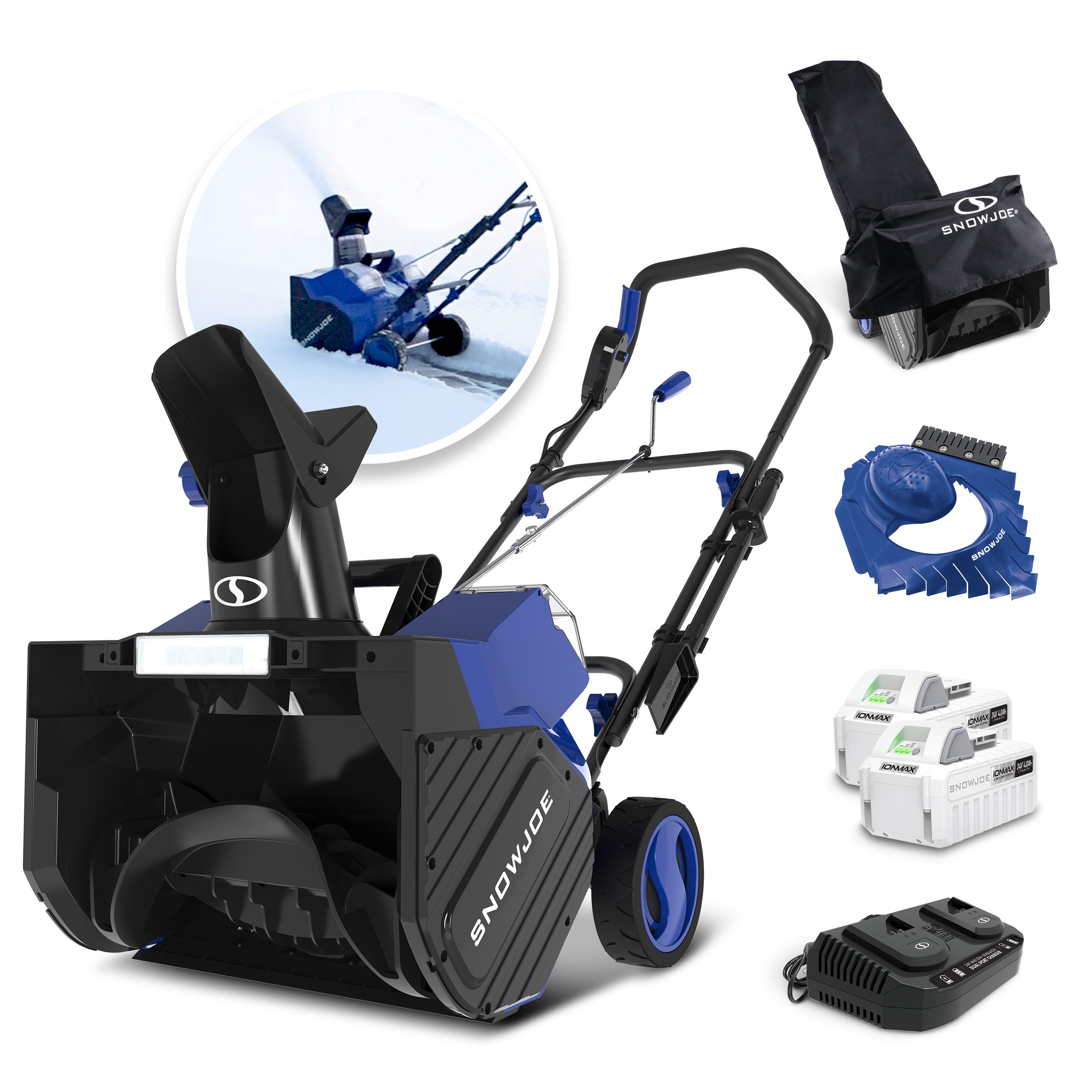 Snow Joe 48-Volt* IONMAX Snow Blower Bundle | W/ 2 x 4.0-Ah Batteries, Dual Port Charger, Cover, Ice Scraper, and Extended Warranty
