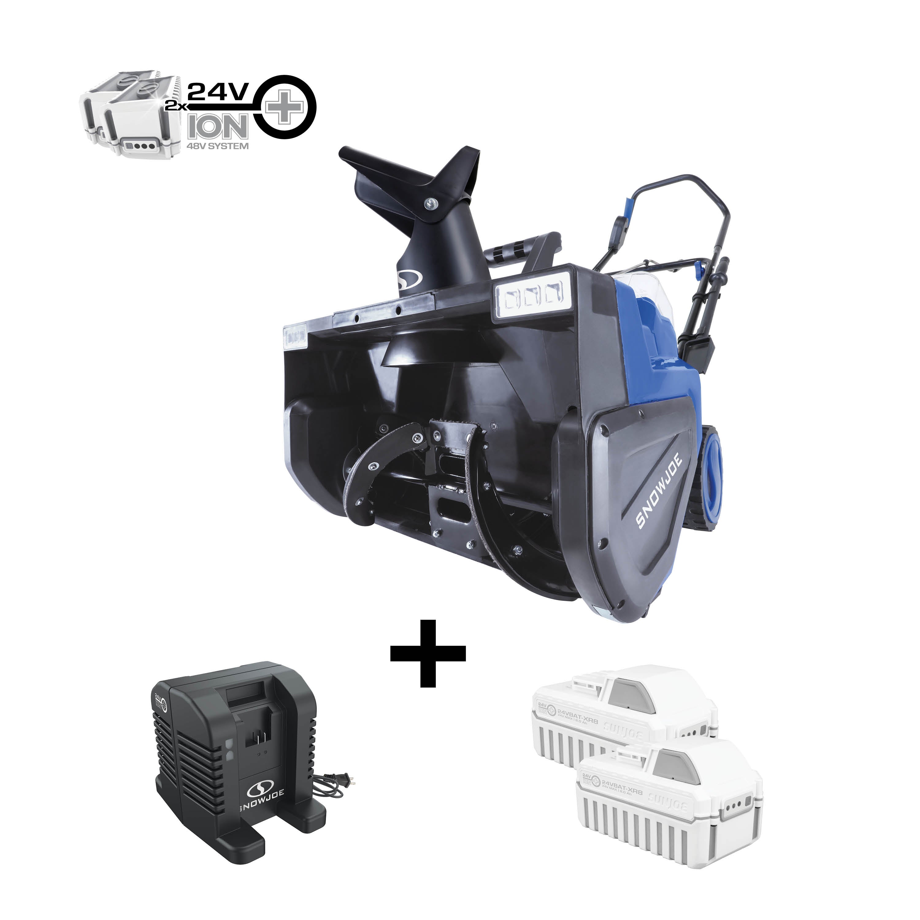 Snow Joe 48-volt cordless 22-inch single-stage snow blower kit plus two 8.0-Ah lithium-ion batteries and high-speed dual-port charger.