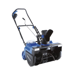 Angled view of the Snow Joe 48-volt cordless 22-inch single-stage snow blower kit plus two 8.0-Ah lithium-ion batteries and high-speed dual-port charger.