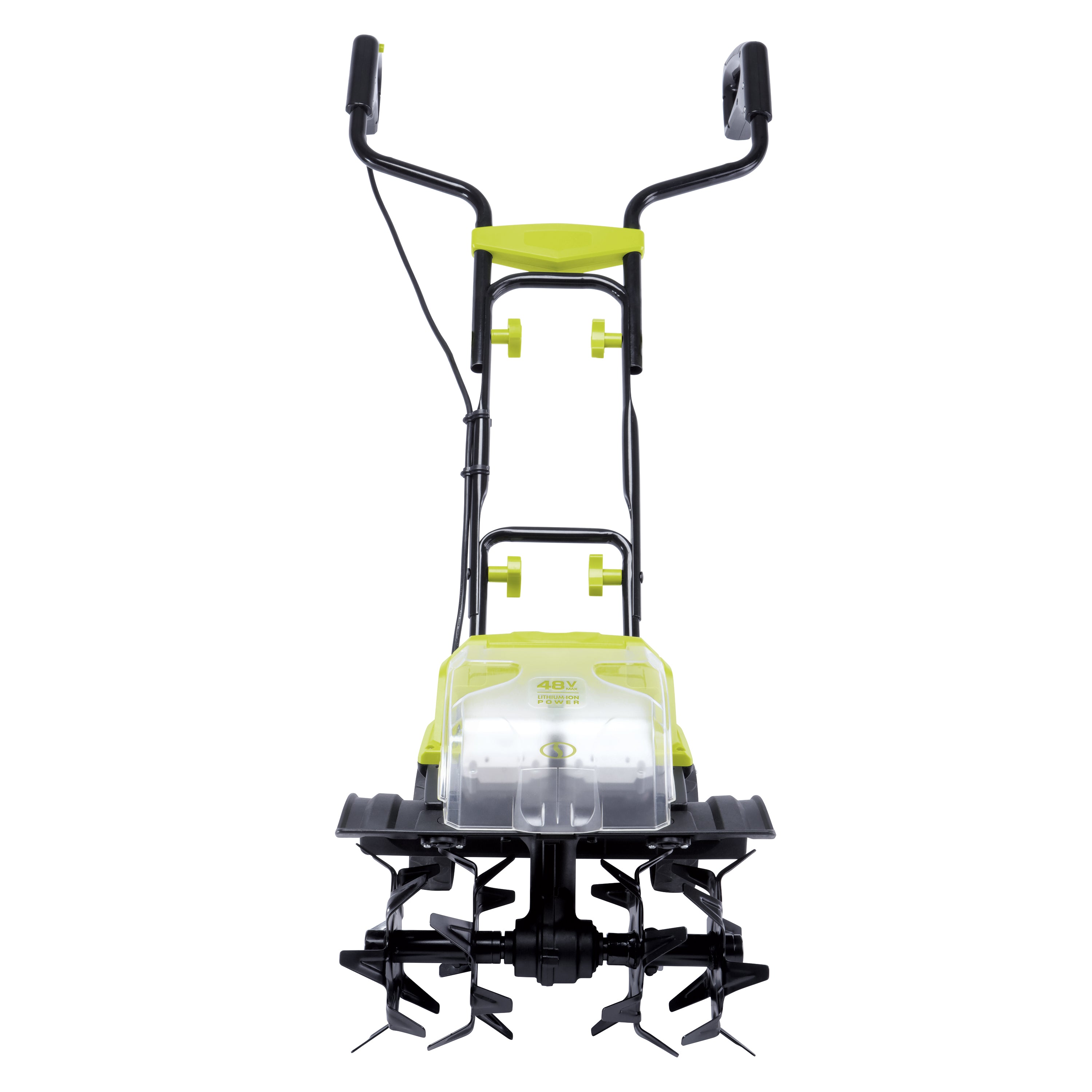 Front view of the Sun Joe 48-volt Cordless 14-inch Garden Tiller/Cultivator Kit.