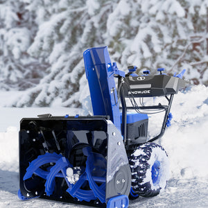 snow joe 96 volt cordless snow blower on winter backdrop