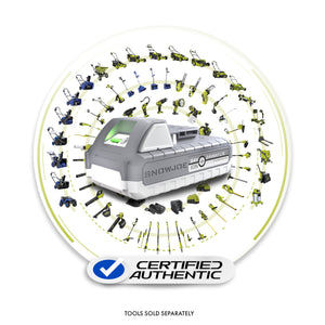 Sun Joe + Snow Joe 24V iON+ Certified Authentic battery with image of compatible products