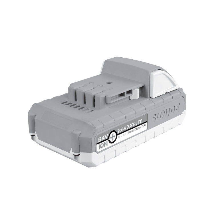 Back-angled view of the Snow Joe and Sun Joe 24-Volt 2.0-Ah lithium-ion battery.