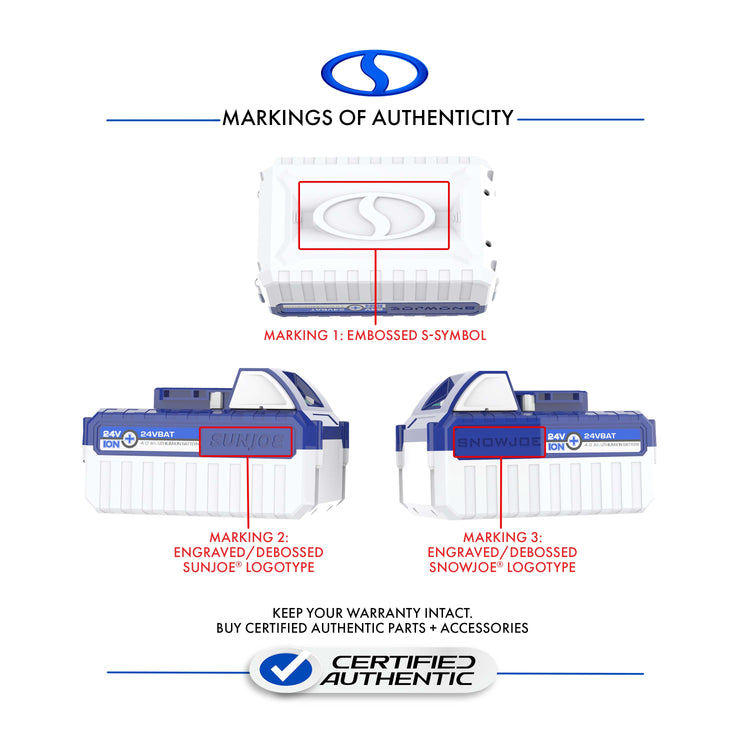 markings of authenticity for 24VBAT iON+ battery