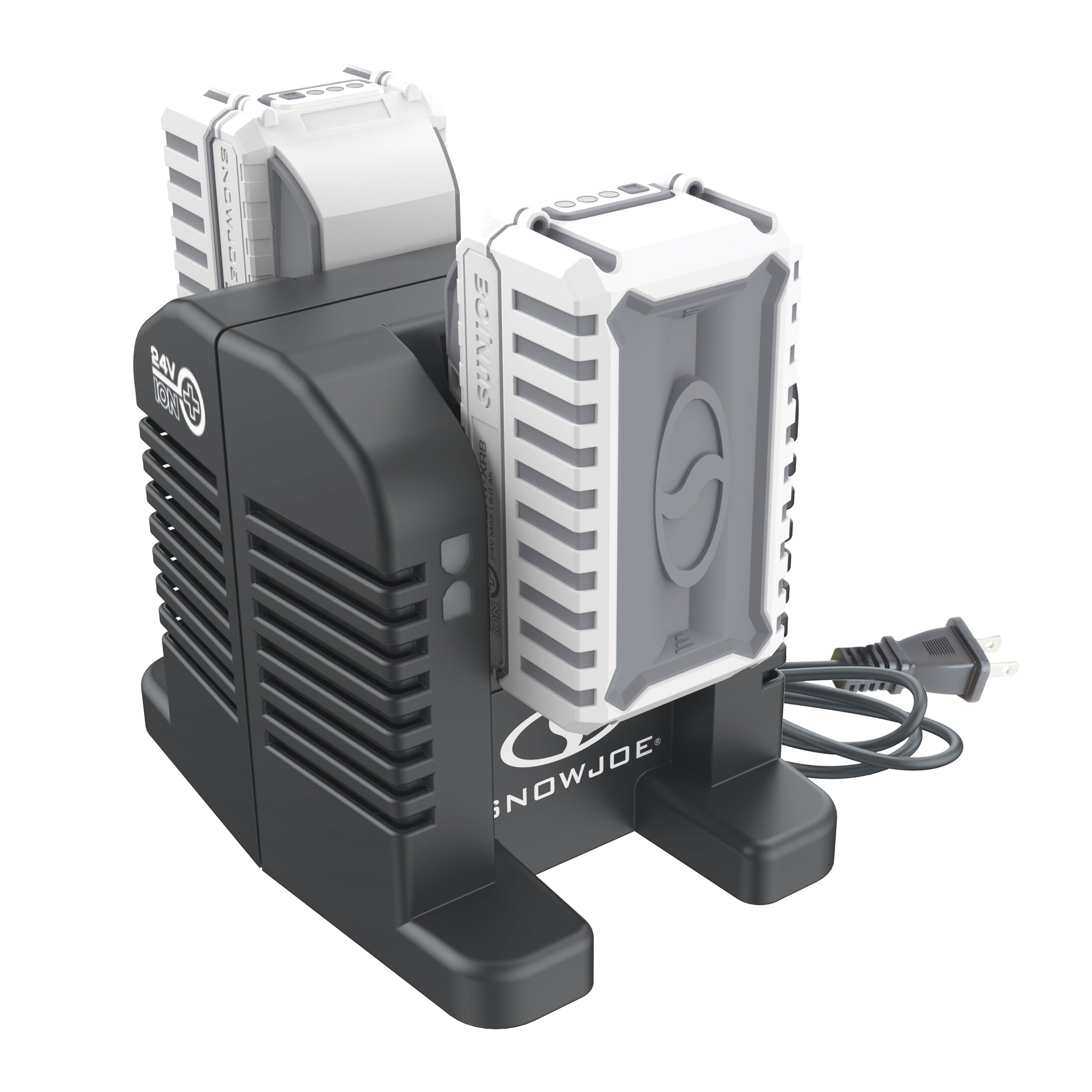 Two Snow Joe 24-volt 8.0-Ah lithium-ion batteries being charged on the high-speed dual-port charger.