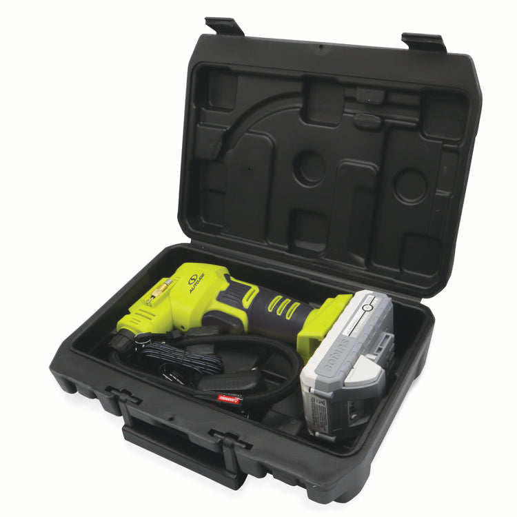 Auto Joe 24-Volt Cordless Portable Air Compressor Kit stored inside the storage case.