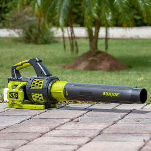 Sun Joe 48-volt cordless brushless turbine leaf blower laying in a driveway.