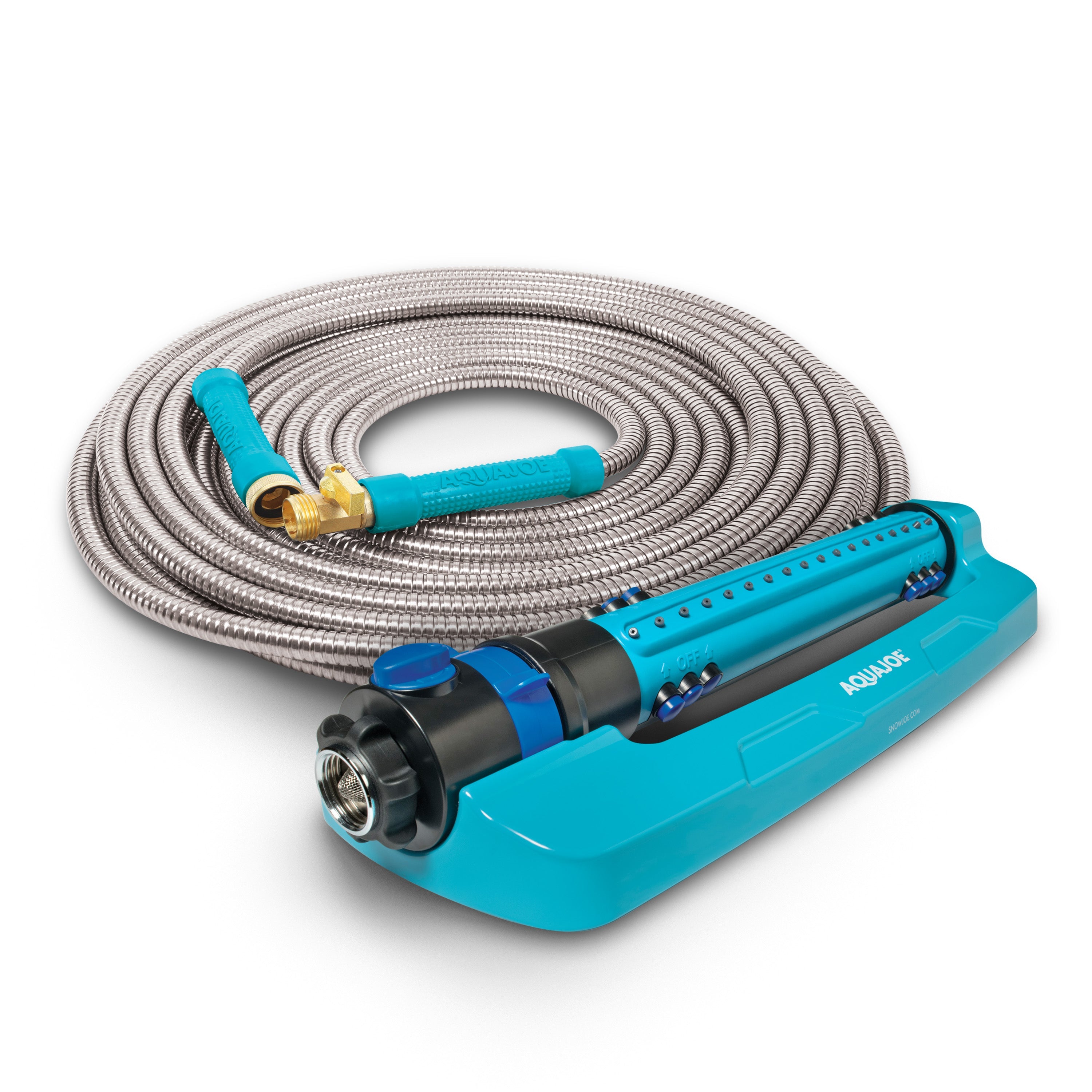 Aqua Joe Metal Garden Hose and Sprinkler Bundle |  50ft Metal Garden Hose + Oscillating Sprinkler