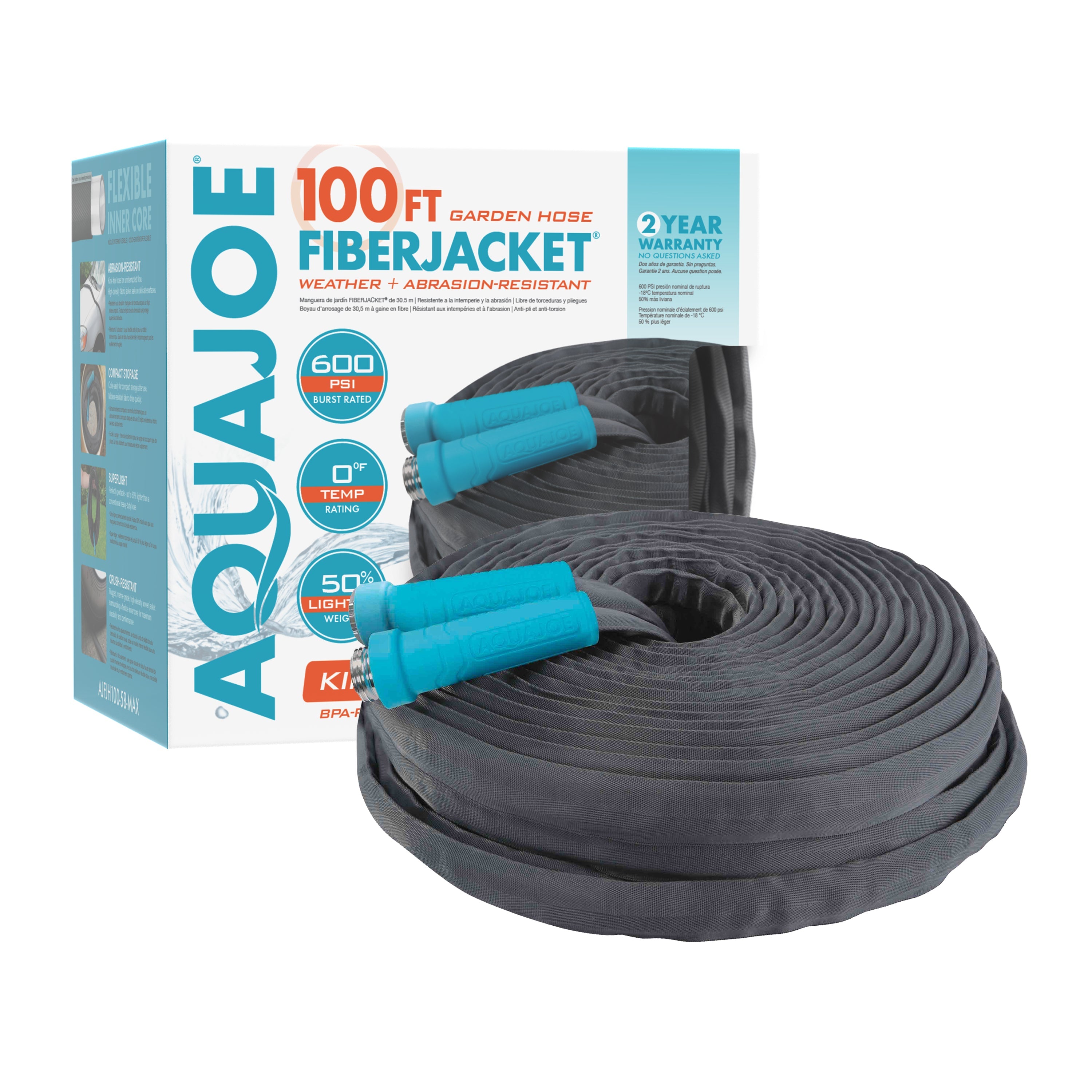 Aqua Joe Fiberjacket Superlight Garden Hose Bundle | W/ Fireman's Nozzle + 100 Ft Hose