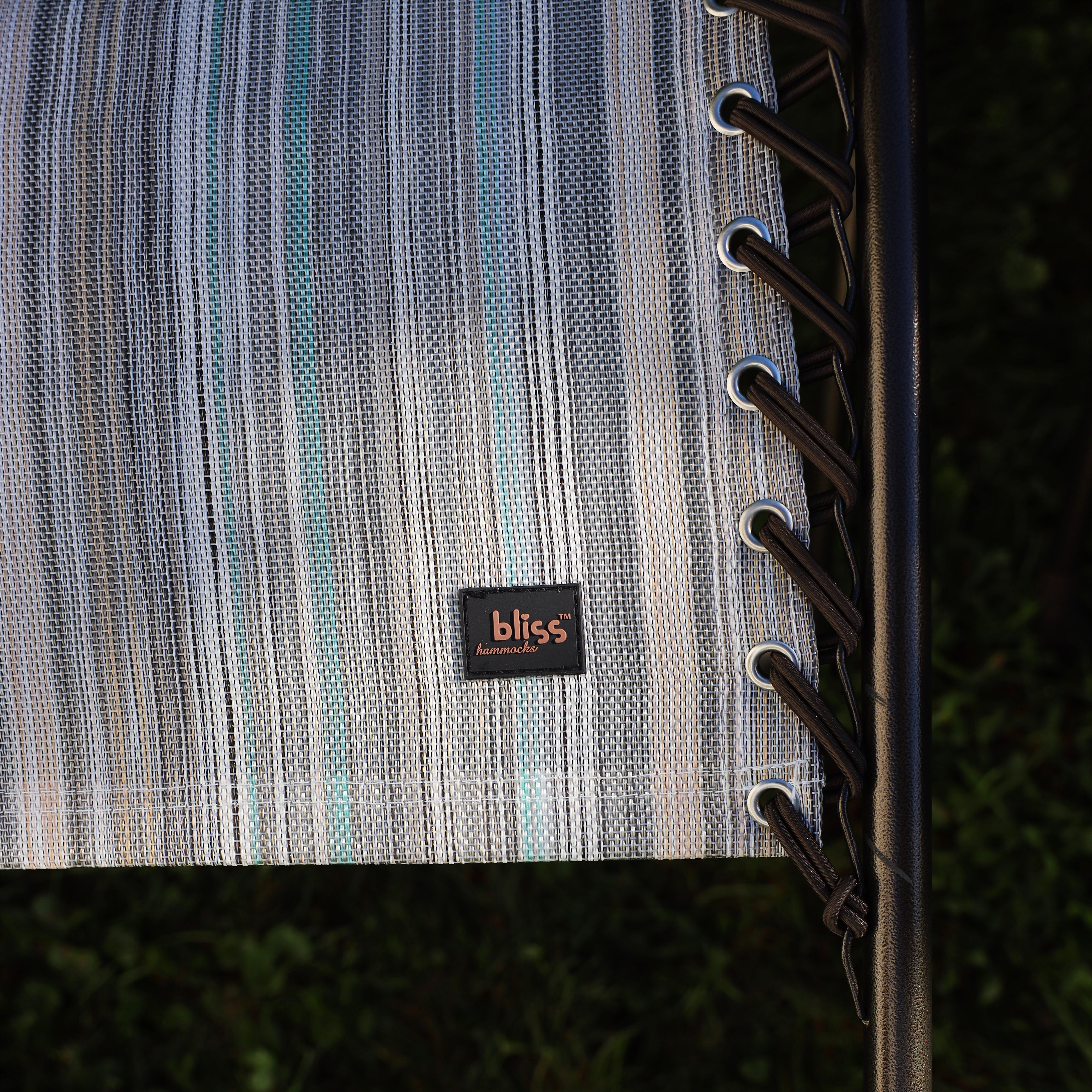 Close-up of the bungees and Bliss Hammocks logo on the 26-inch casual stripe gravity free chair.