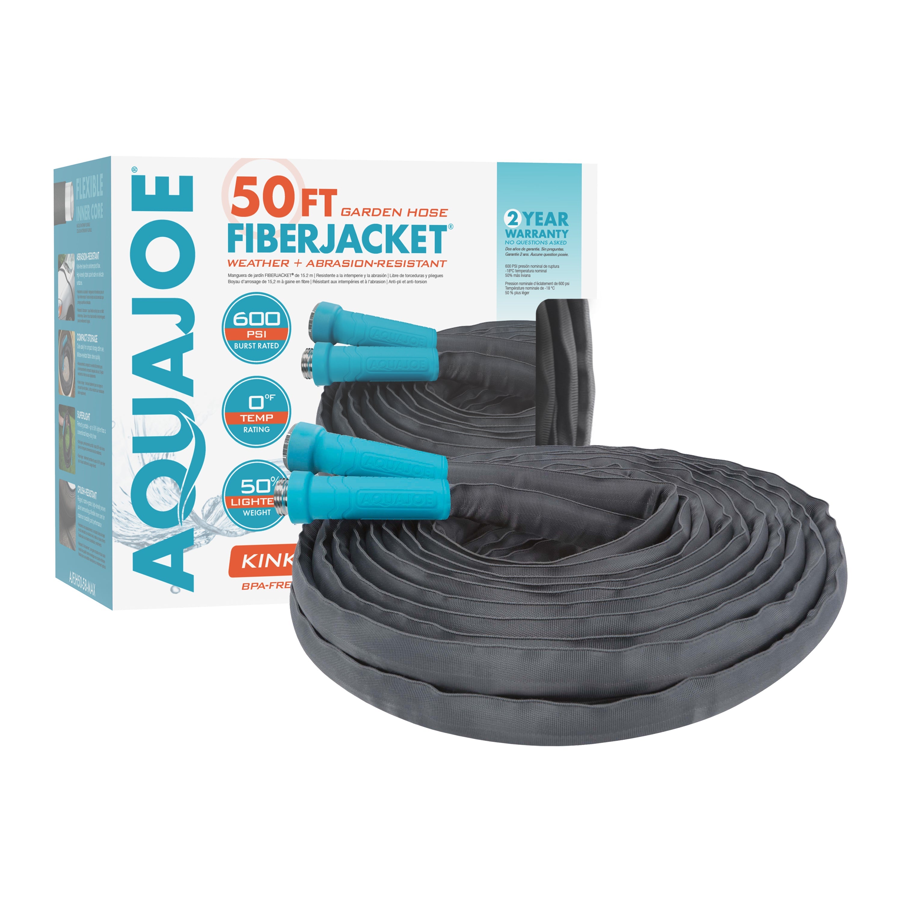 Aqua Joe AJ-FJMAX-BDL Fiberjacket Superlight Garden Hose Bundle | W/ Fireman's Nozzle + 50 Ft Hose