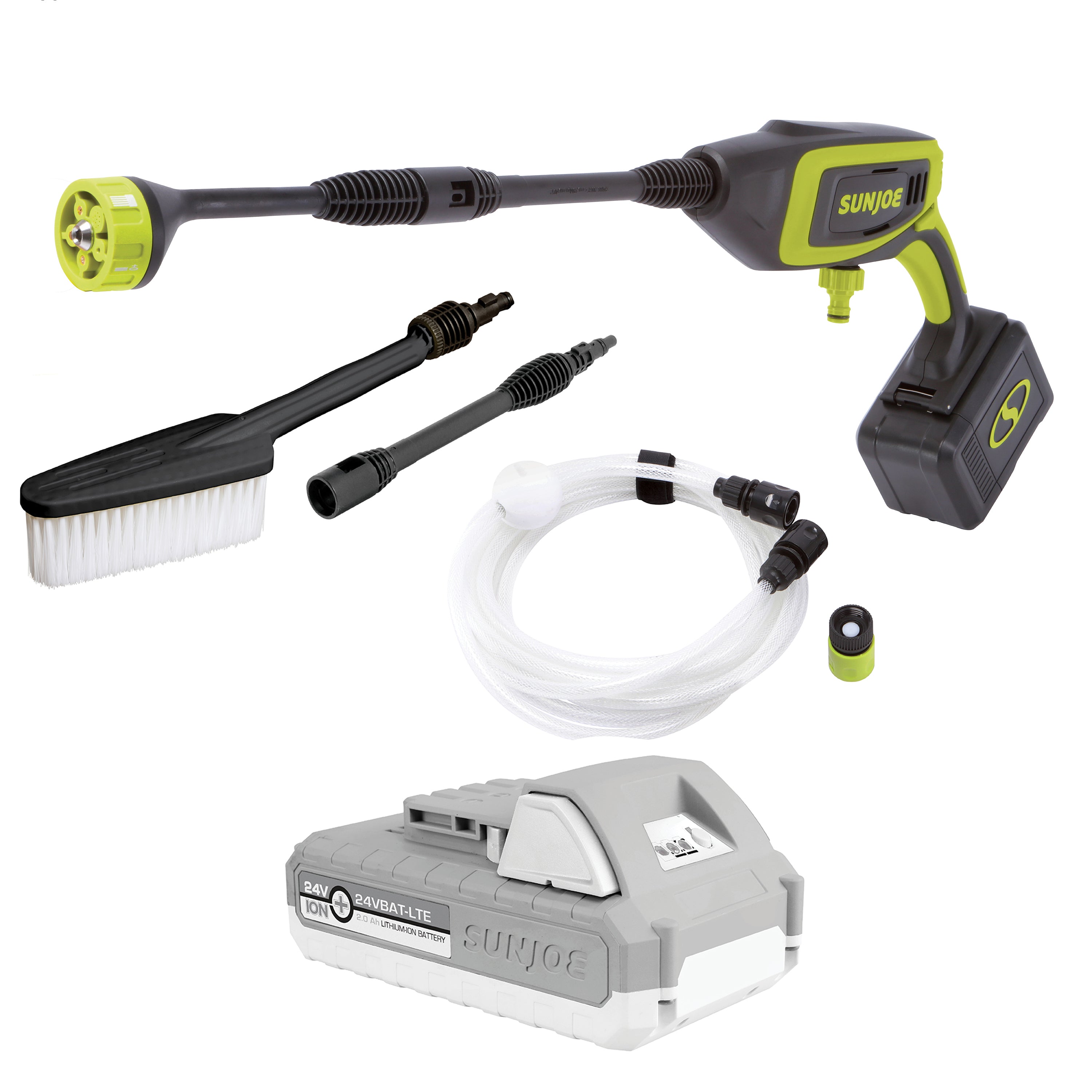 Sun Joe 24V-PP350-LTE 24-Volt* IONMAX Power Cleaner Kit | W/ 2.0-Ah Battery + Charger, Water Siphon Hose, Utility Brush, and more | Portable Cleaning On-The-Go | 5-in-1 Twist Nozzle