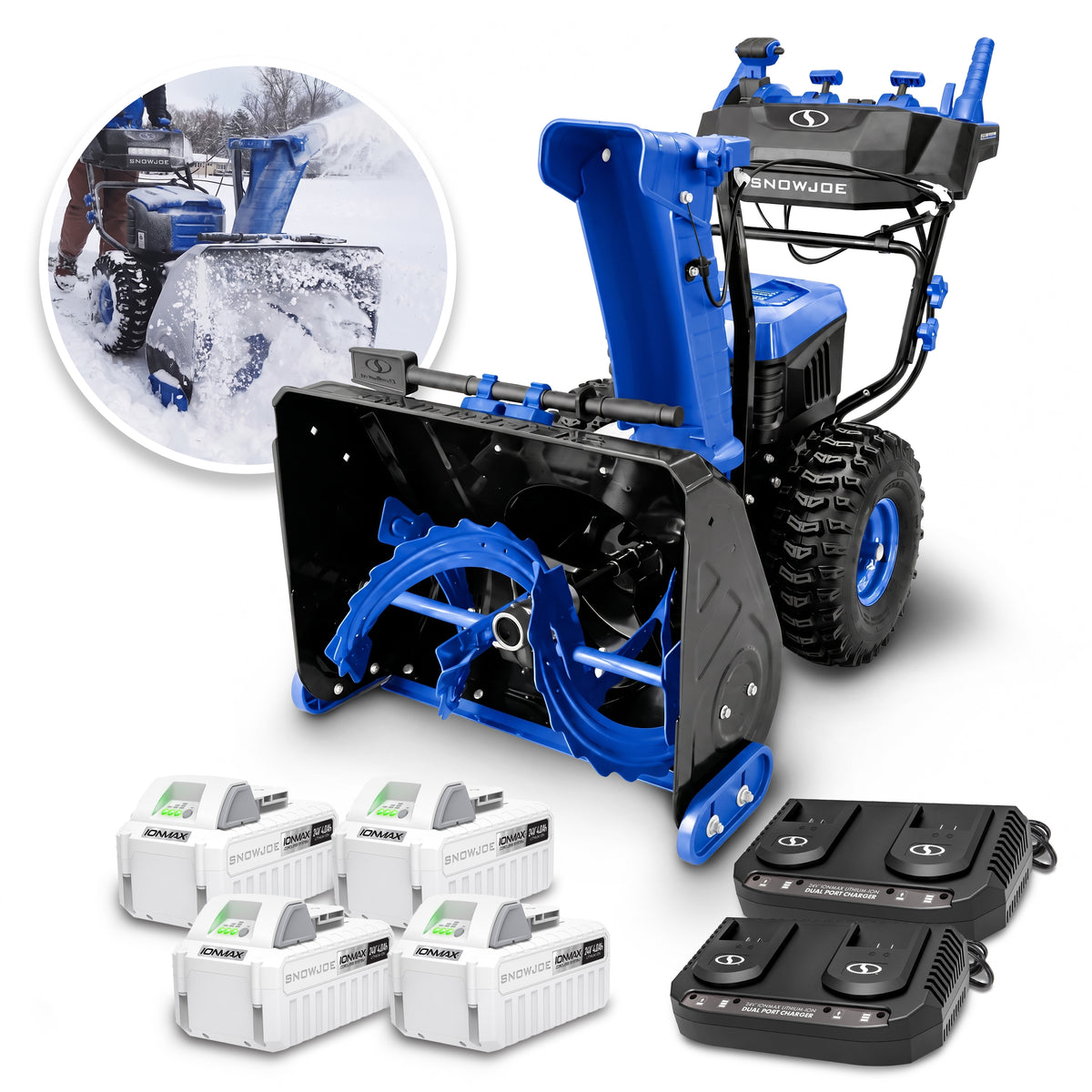 Snow Joe 96-Volt* MAX IONMAX Cordless Brushless Self-Propelled Dual-Stage Snow Blower | 24-inch | W/ 4 x 12.0-Ah Batteries + 2 x Dual Port Chargers