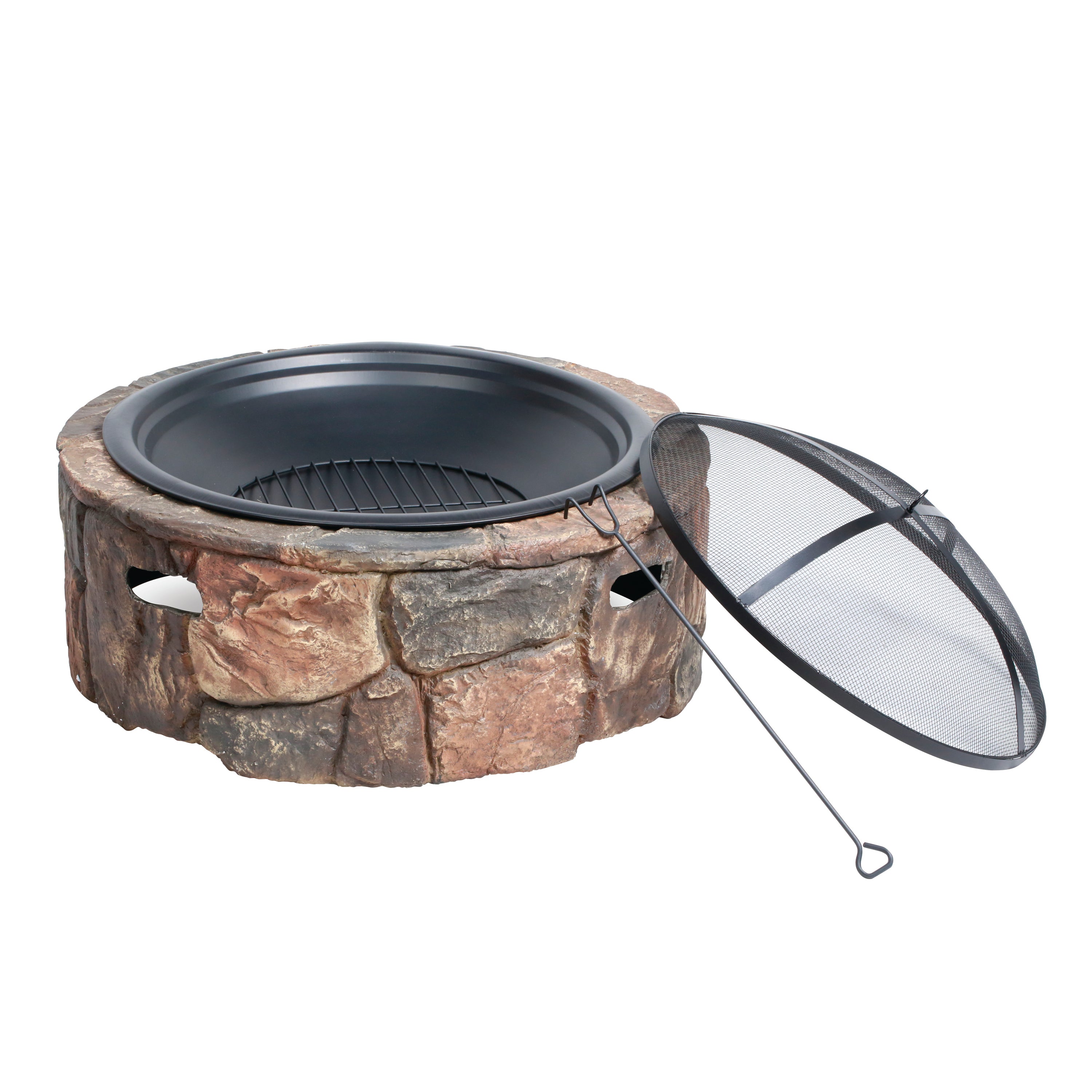 Sun Joe SJFP35-STN-LSN 35-in. Cast Stone Base, Wood Burning Fire Pit w/Dome Screen and Poker, Large Stone