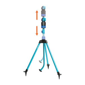 Aqua Joe 42.2-inch Indestructible Turbo Drive 360 Degree Telescoping Tripod Lawn and Garden Sprinkler and Mister with motion blur showing the extendable neck.