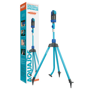 Aqua Joe 51.7-inch Indestructible Turbo Drive 360 Degree Telescoping Tripod Lawn and Garden Sprinkler and Mister with packaging.