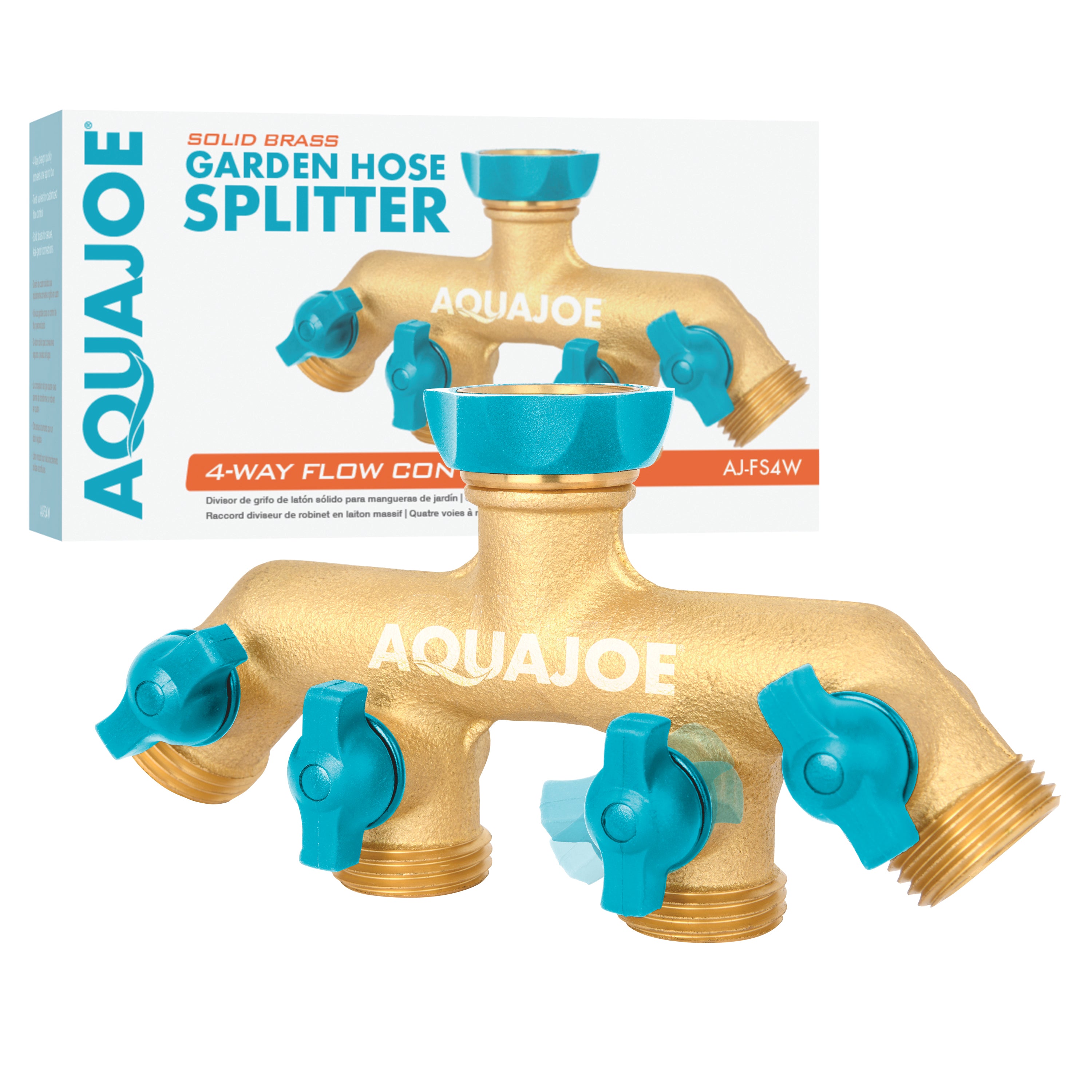 Aqua Joe 4-way brass Garden Hose Splitter with packaging.