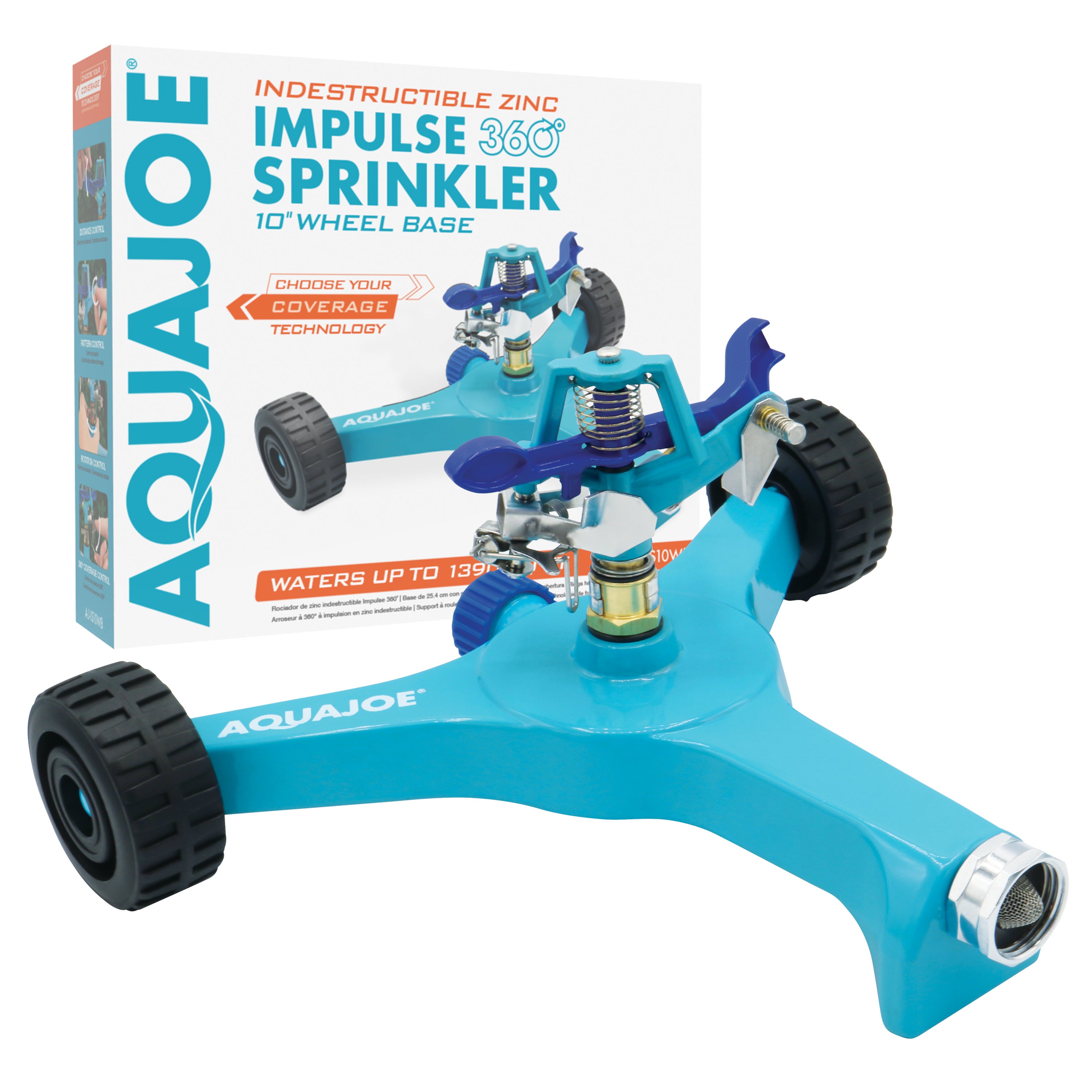 Aqua Joe 10-inch wheeled base Indestructible Zinc Impulse 360 Degree Sprinkler with packaging.