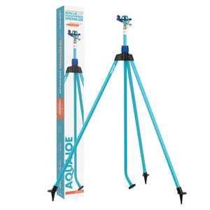 Aqua Joe 72-inch Indestructible Zinc Impulse 360-Degree Telescoping Tripod Sprinkler with packaging.