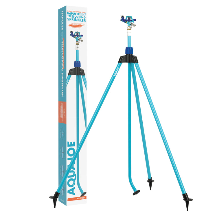 Aqua Joe 72-inch Indestructible Zinc Impulse 360-Degree Telescoping Tripod Sprinkler with packaging.