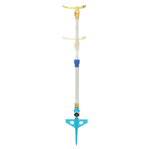 Aqua Joe 3-Arm Brass Rotary 360-Degree Telescoping Sprinkler with motion blur showing the extendable neck.