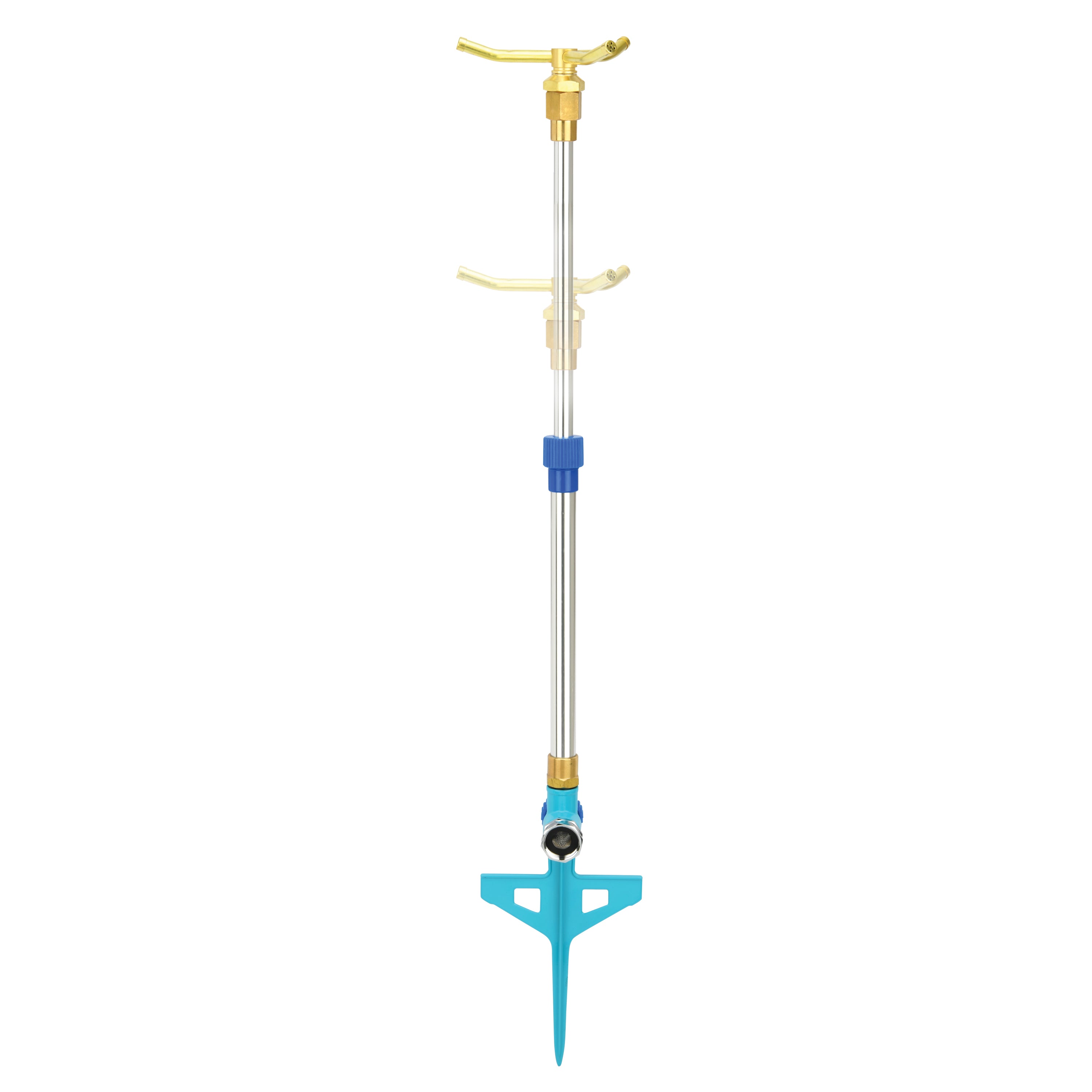 Aqua Joe 3-Arm Brass Rotary 360-Degree Telescoping Sprinkler with motion blur showing the extendable neck.