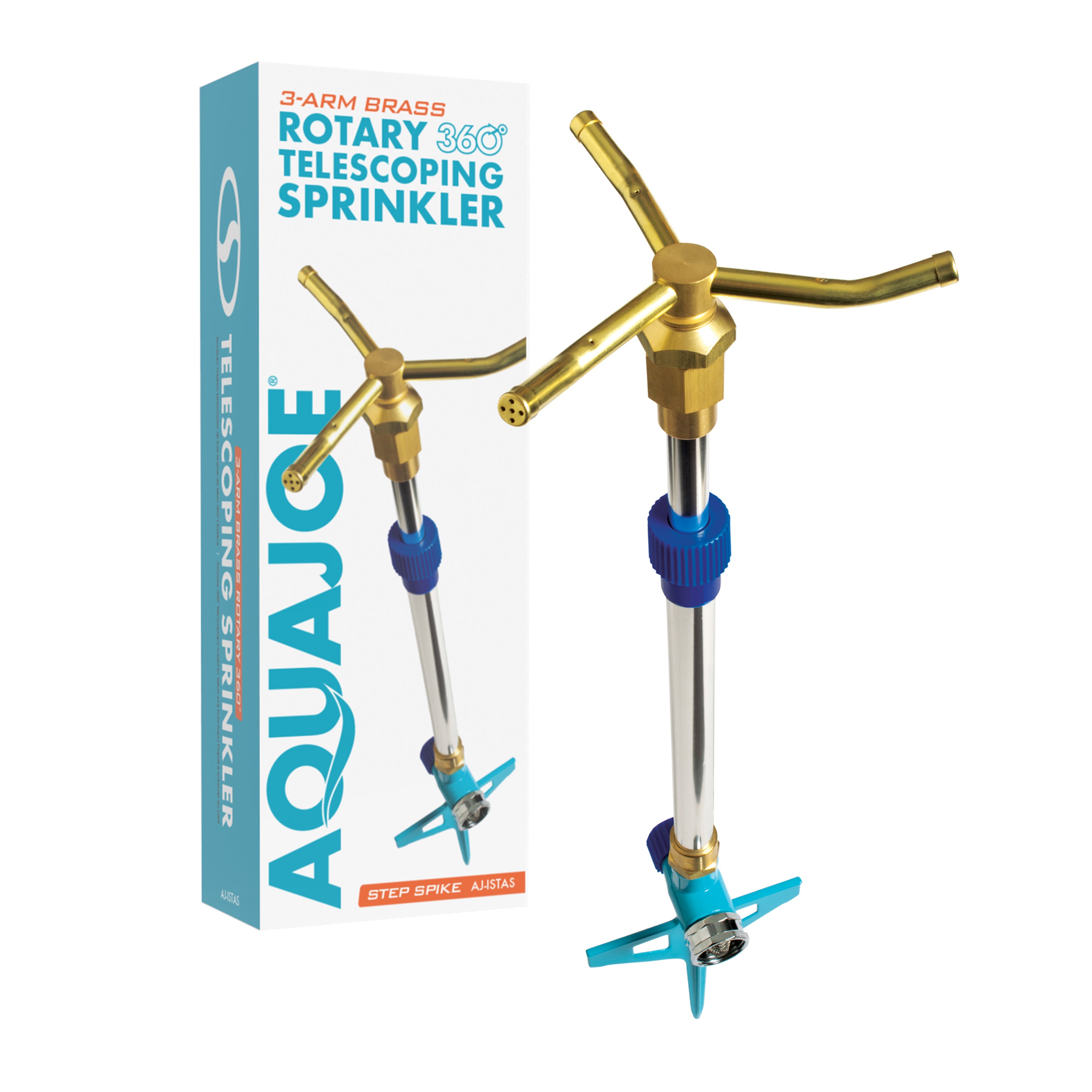 Aqua Joe 3-Arm Brass Rotary 360-Degree Telescoping Sprinkler with packaging.